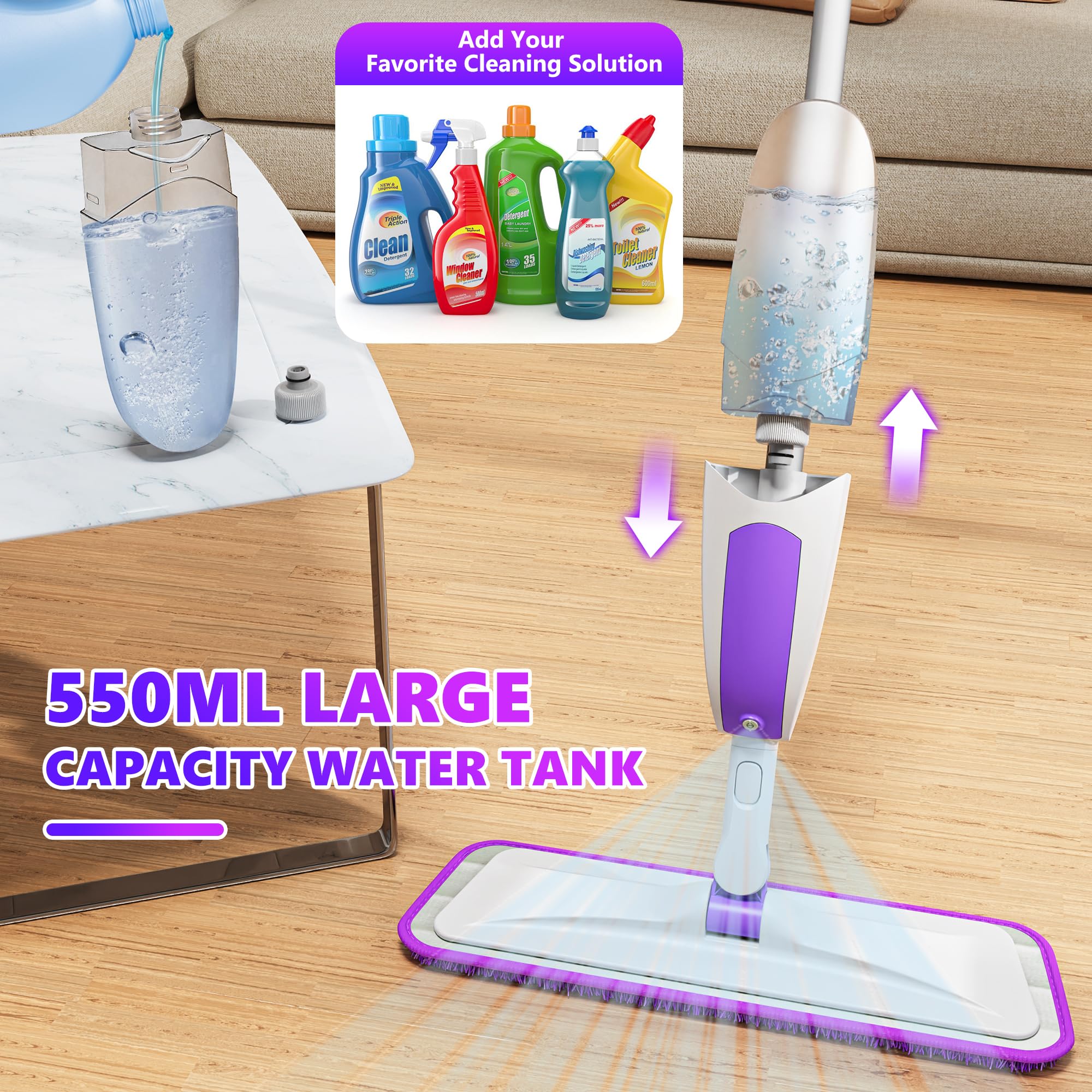 Wischer mit Sprühfunktion Sprühwischer - SEVENMAX Wischmopp Bodenwischer mit Sprühfunktion und 3 Mikrofaser Bezug 550ML Wassertank Spray Mop für Fliesen Laminat Parkett Holzböden Schnelle Reinigung - Image 2