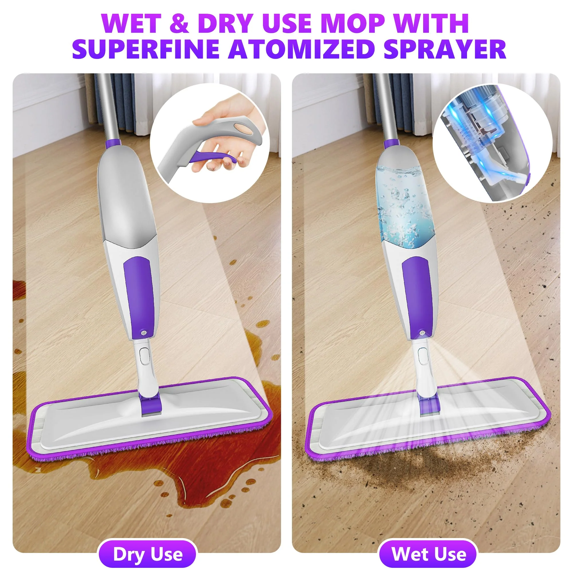 Wischer mit Sprühfunktion Sprühwischer - SEVENMAX Wischmopp Bodenwischer mit Sprühfunktion und 3 Mikrofaser Bezug 550ML Wassertank Spray Mop für Fliesen Laminat Parkett Holzböden Schnelle Reinigung - Image 4