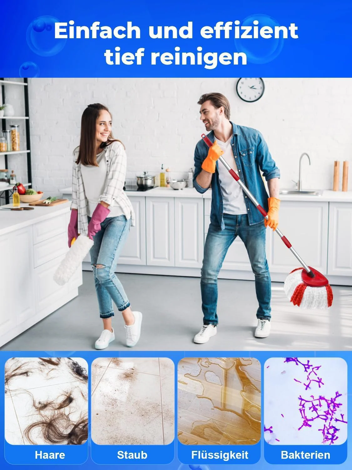 Wischmopp Ersatzköpfe für Turbo 2-in-1, Bodenwischer Set Kompatibel mit Vileda EasyWring&Clean, Wischmop Ersatzbezug, 2 Moppköpfe +1 Stiel +1 Moppbasis für mop, auch fur empfindliche Boden