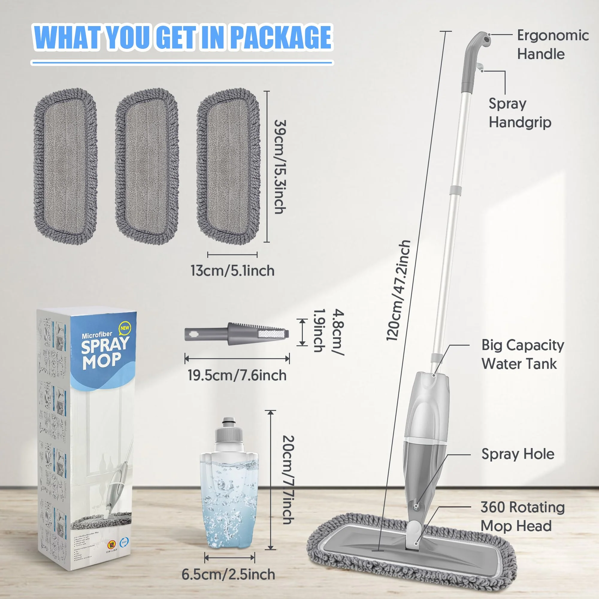 Wischmopp mit Sprühfunktion – EXEGO Bodenwischer mit Sprühmopp Spray Mop Floor Mop mit 3X Wischpads Staubwischer Nasswischer für Schnelle Reinigung Hartholz, Marmor, Holz, Laminat, Fliesen - Image 2