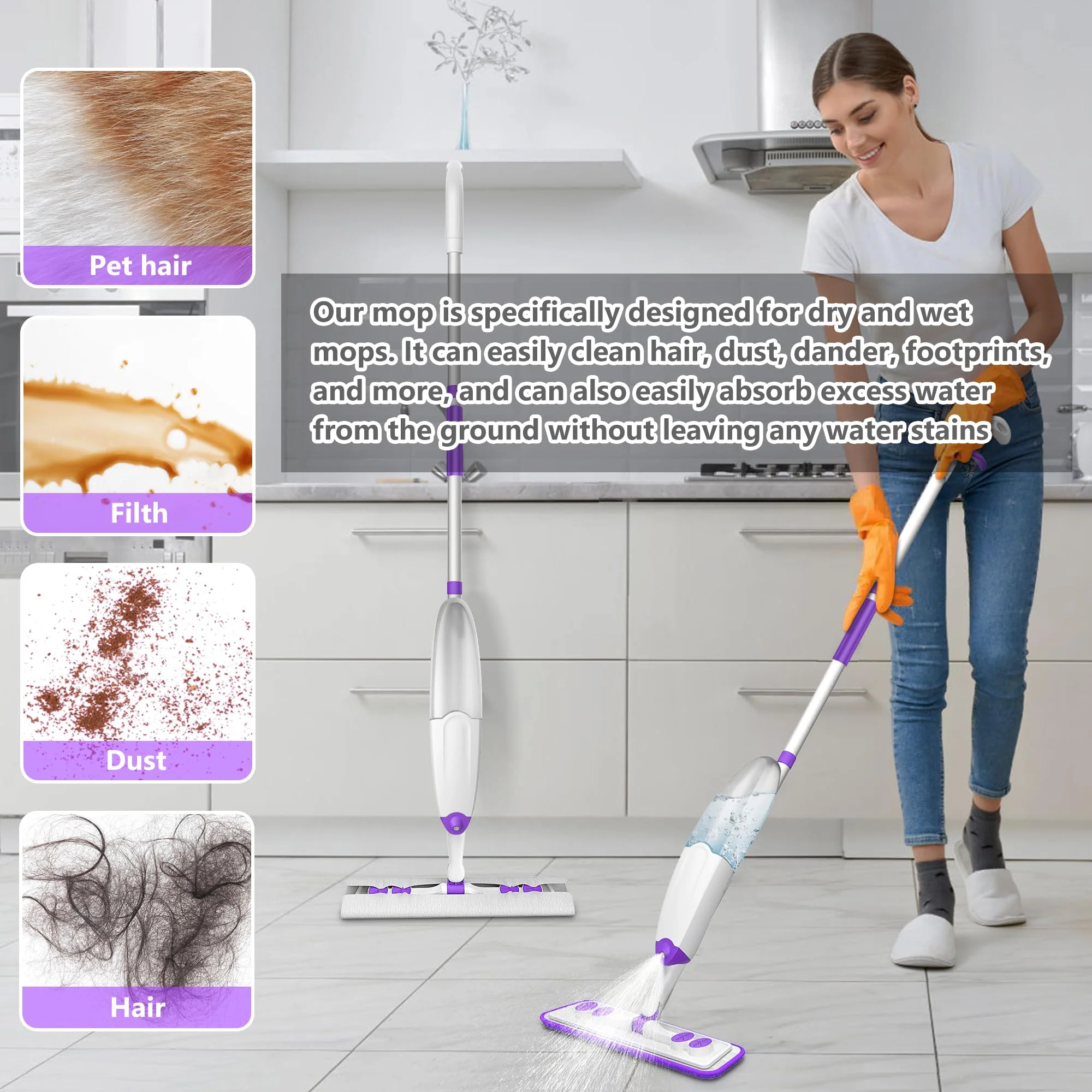 Wischmopp mit Sprühfunktion, Sprühwischer Bodenwischer mit Sprühfunktion mit 3 Waschbaren Mopp Pads, Wischer Boden Spray Mop Passend für Einweg Mopp Pads, Mop Set mit Wassertank für Bodenreinigung - Image 2