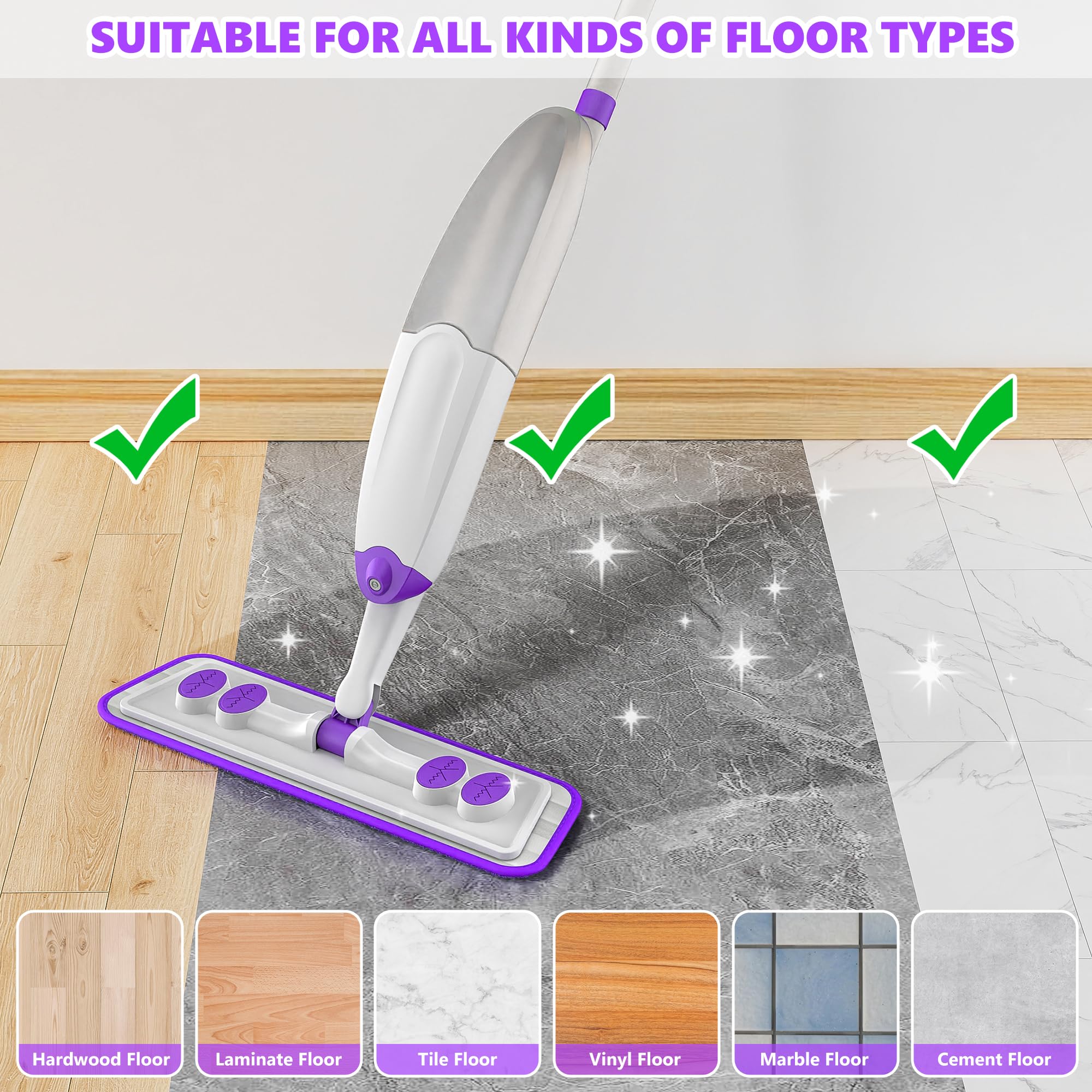 Wischmopp mit Sprühfunktion, Sprühwischer Bodenwischer mit Sprühfunktion mit 3 Waschbaren Mopp Pads, Wischer Boden Spray Mop Passend für Einweg Mopp Pads, Mop Set mit Wassertank für Bodenreinigung - Image 3