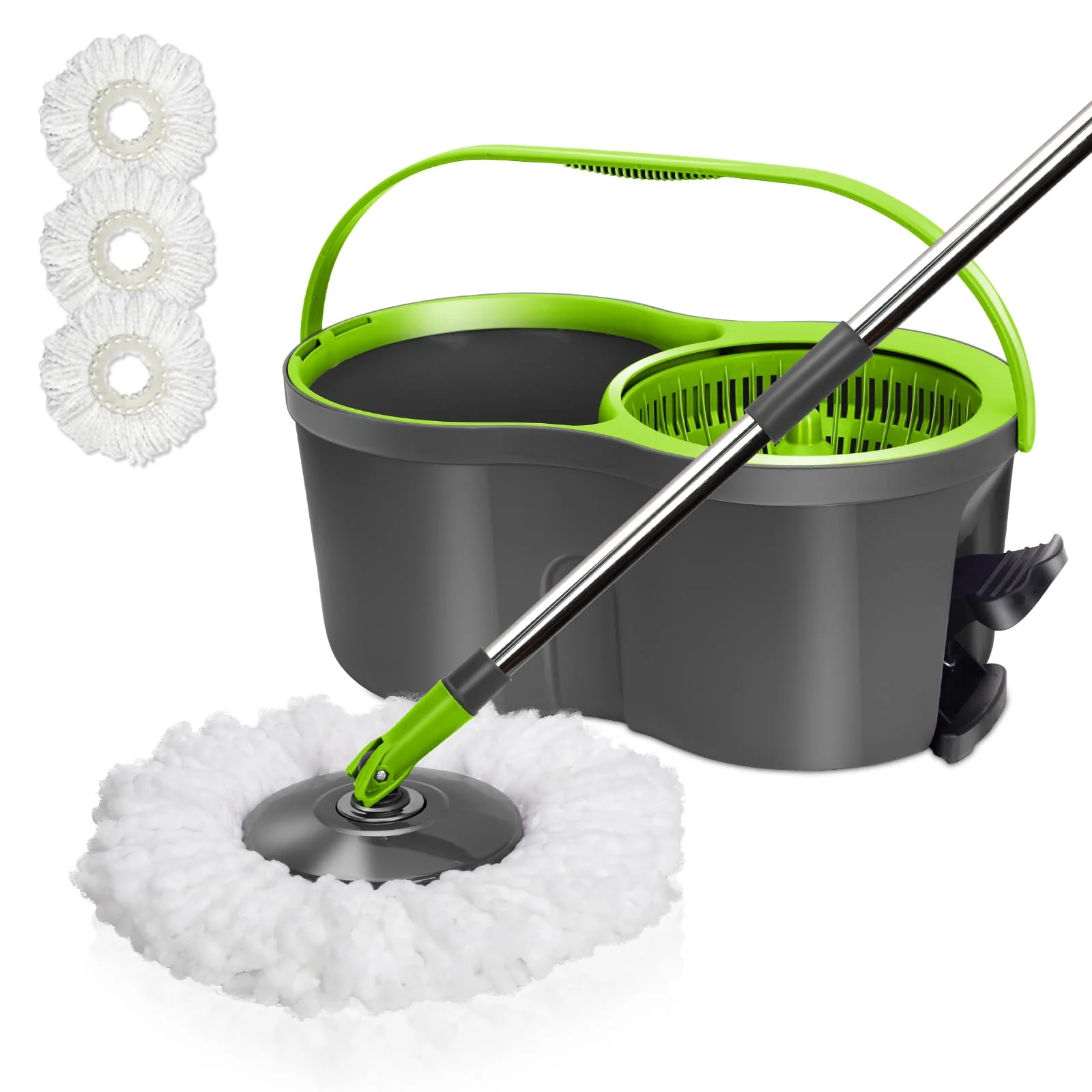 Wischmopp Set mit Eimer, Masthome 2-in-1 Bodenwischer Komplett Set mit 3 Mikrofaser-Pads, Wischmopp mit Verstellbarer Edelstahlstiel (100-128cm),Putzeimer mit Wischmopp für Laminat(Grün) - Image 3