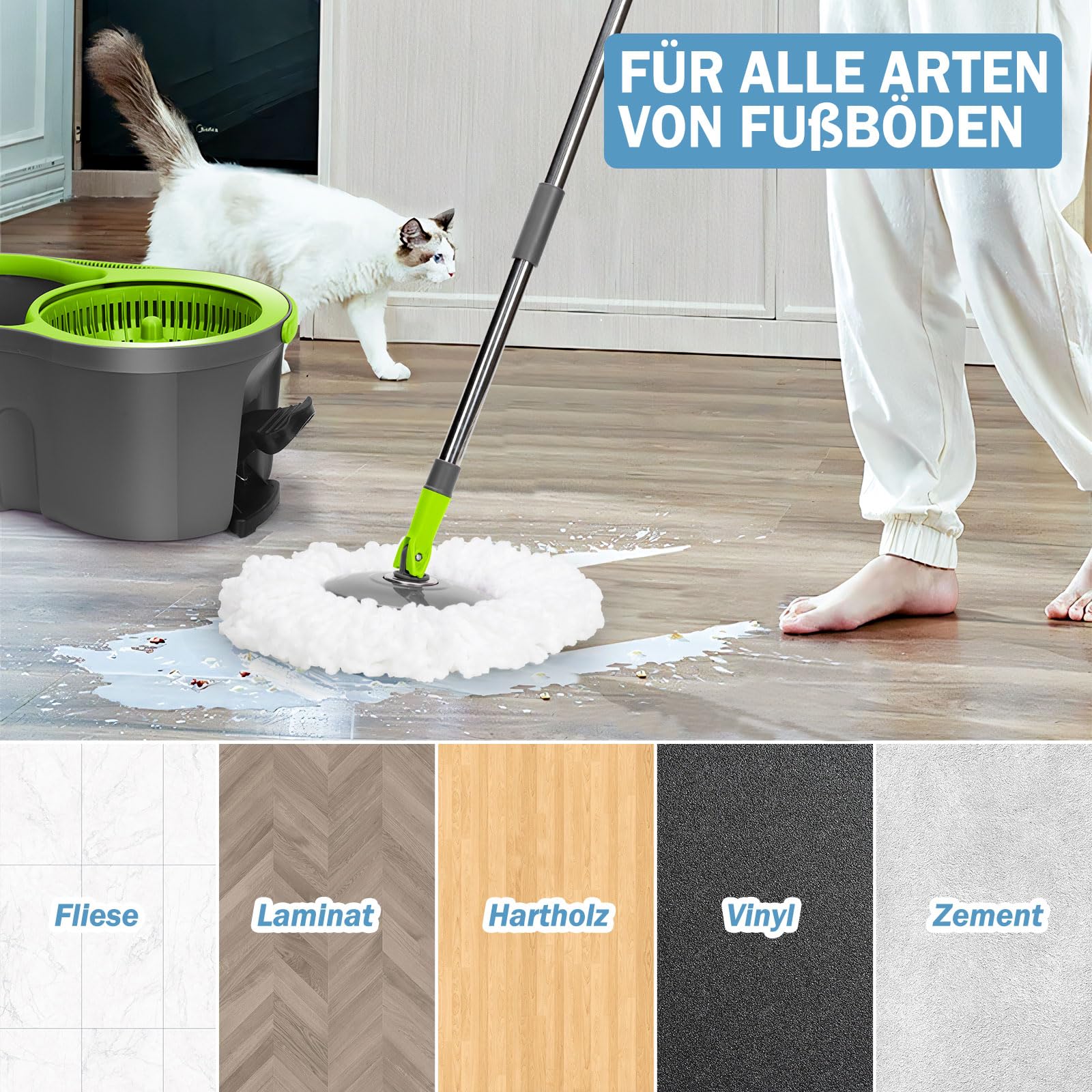 Wischmopp Set mit Eimer, Masthome 2-in-1 Bodenwischer Komplett Set mit 3 Mikrofaser-Pads, Wischmopp mit Verstellbarer Edelstahlstiel (100-128cm),Putzeimer mit Wischmopp für Laminat(Grün) - Image 7