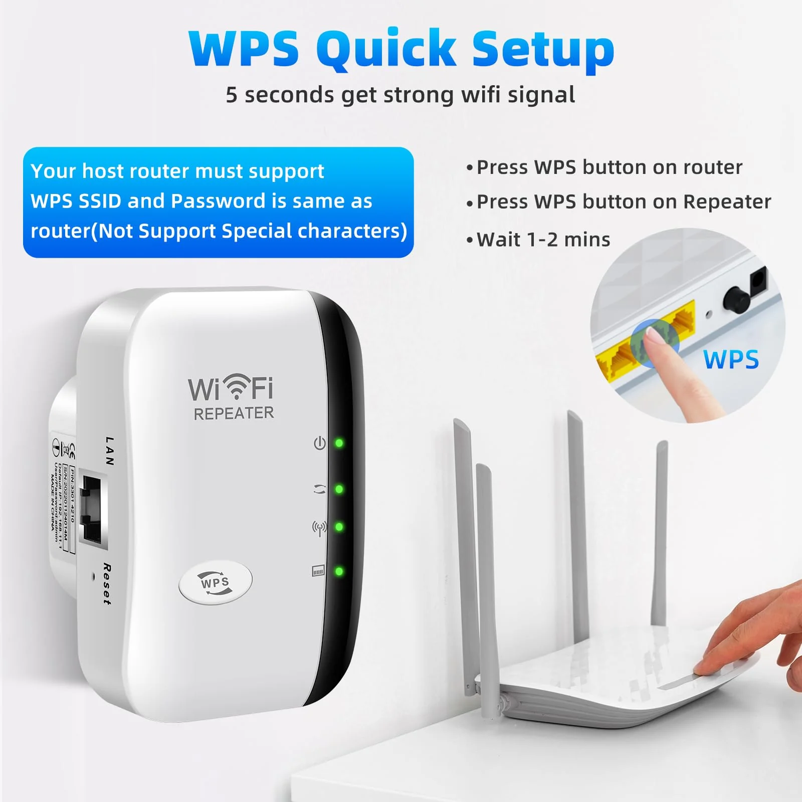 WLAN Repeater mit 300 Mbps - WLAN Verstärker WiFi Extender Booster 2,4GHz WiFi Extender mit Repeater/AP Modus und WPS-Funktion Internet Verstärker bis zu 3000qm und 30 Geräte (weiß) - Image 2
