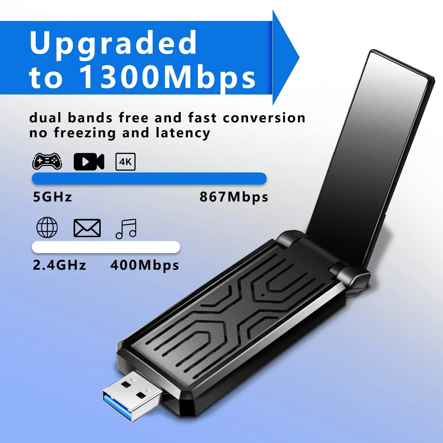 WLAN Stick für PC - 1300Mbps USB 3.0 Internet Stick - 2.4GHz/5.8GHz Dual Band High-Gain Antennen WiFi Adapter, Kompatibel mit Windows 11/10/8/7/Vista/XP, Mac OS - Image 2