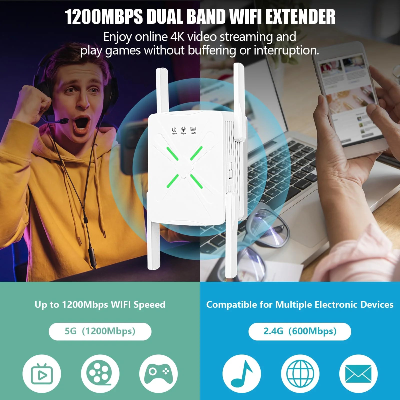 WLAN Verstärker 1200Mbit/s WiFi Repeater - Dualband 5GHz & 2.4GHz WLAN Repeater mit Ethernet Port 4 *Antennen Abdeckung bis zu 200m² und 45 Geräte, WiFi Internet Verstärker Repeater/Router/Ap Modus - Image 4