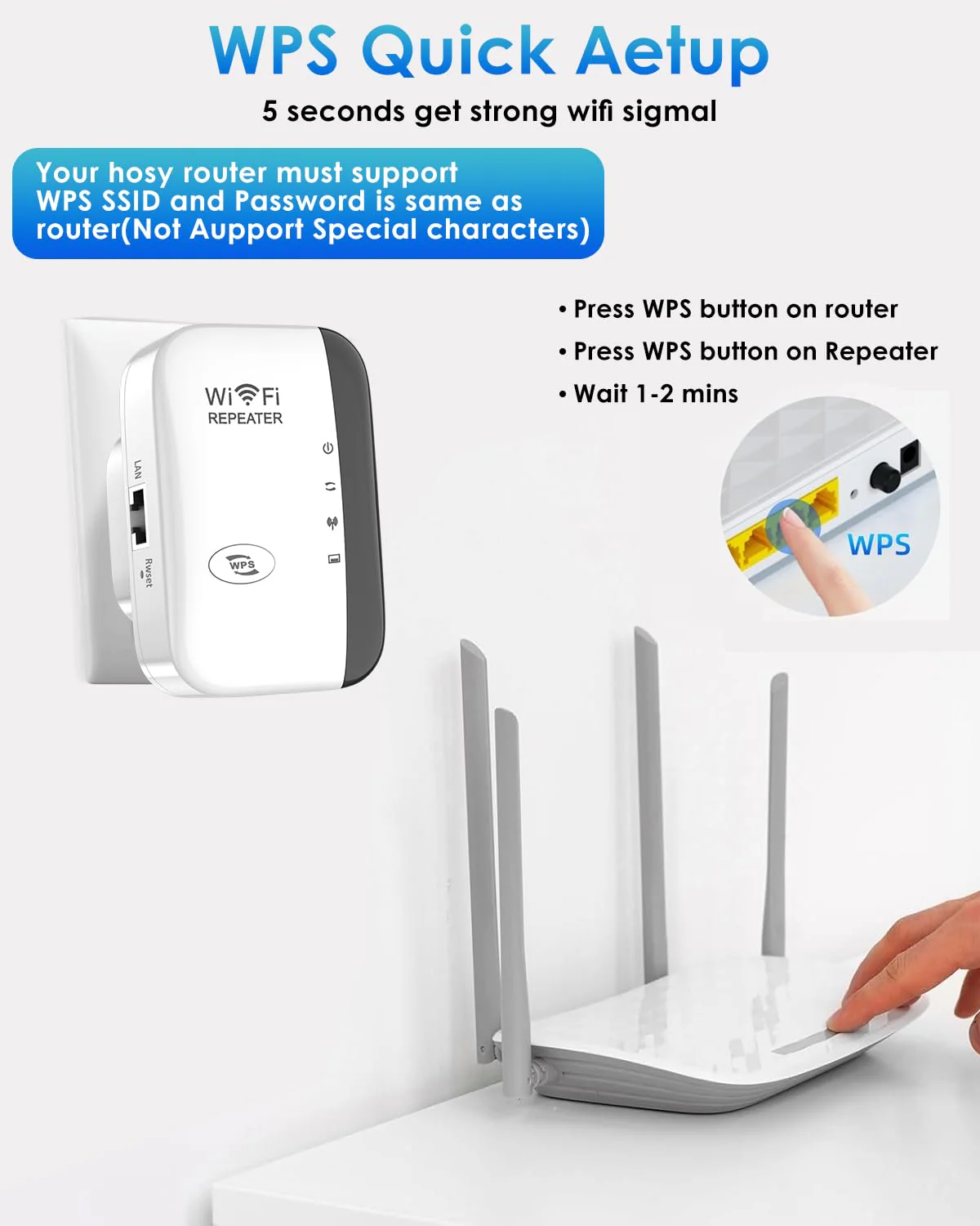 WLAN Verstärker, Neuestes WLAN Repeater 300 Mbit/s 2.4 GHz, Internet Verstärker,WiFi Repeater, WiFi Extender Booster mit Repeater/AP Modus und WPS-Funktion Internet Verstärker bis zu 3000qm (weiß) - Image 6