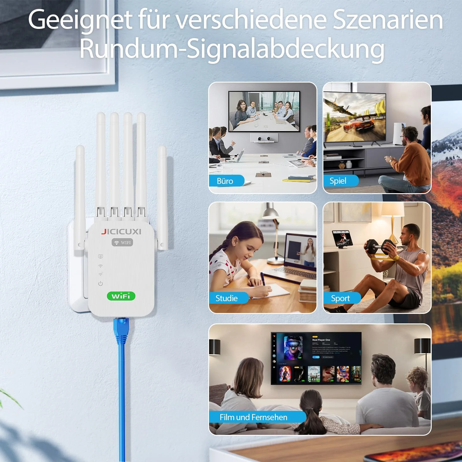 WLAN Verstärker WLAN Extender WLAN Verstärker für bis zu 5.000 m² und 50 Geräte mit 6 Antennen und Steckern WiFi Internet Booster Kompatibel Allen WLAN Geräten-Weiß - Image 2