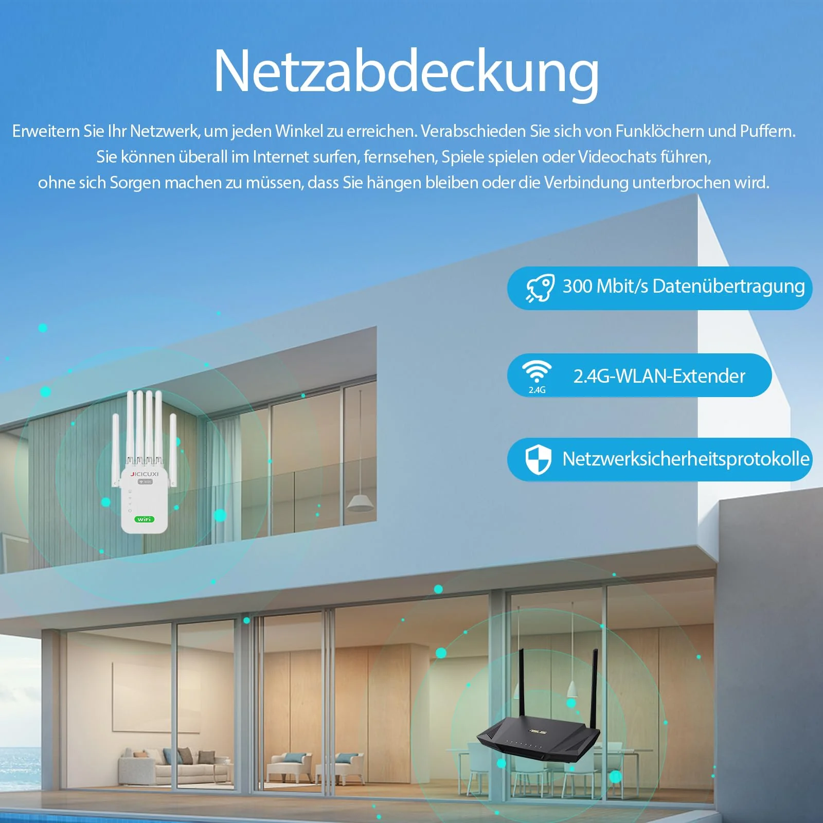 WLAN Verstärker WLAN Extender WLAN Verstärker für bis zu 5.000 m² und 50 Geräte mit 6 Antennen und Steckern WiFi Internet Booster Kompatibel Allen WLAN Geräten-Weiß - Image 8