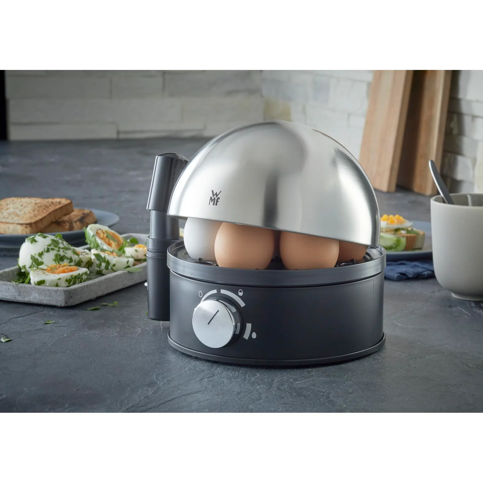 WMF Set 3-teilig Eierbecher Set 6 Stück, stapelbar und Gourmet Eierschneider Edelstahl poliert 15 x 11 cm und Stelio Eierkocher Edelstahl, 1 Ei - 7 Eier, 380 Watt, Härtegradeinstellung - Image 11