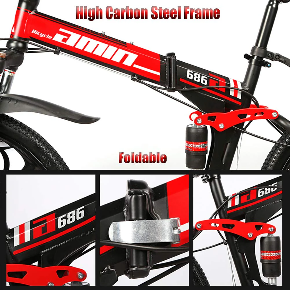 Wmmner Faltbares Mountainbike mit doppelter Federung, 66 cm (26 Zoll), für Erwachsene und Männer, Mountainbike, Geländefahrrad, für Jungen und Mädchen mit Scheibenbremse, Stahlrahmen mit hohem - Image 4