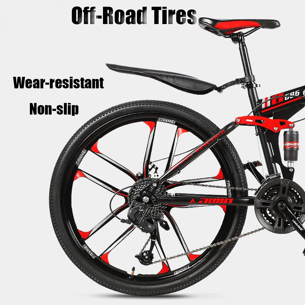 Wmmner Faltbares Mountainbike mit doppelter Federung, 66 cm (26 Zoll), für Erwachsene und Männer, Mountainbike, Geländefahrrad, für Jungen und Mädchen mit Scheibenbremse, Stahlrahmen mit hohem - Image 5