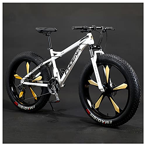 Wmmner Mountainbike für Erwachsene, 26-Zoll-Räder, Herren, Stahlrahmen für Damen, Mountainbikes mit fettigen Reifen, Mountainbike mit hartem Schaft, mechanische Scheibenbremsen, weiß mit 3 Speichen