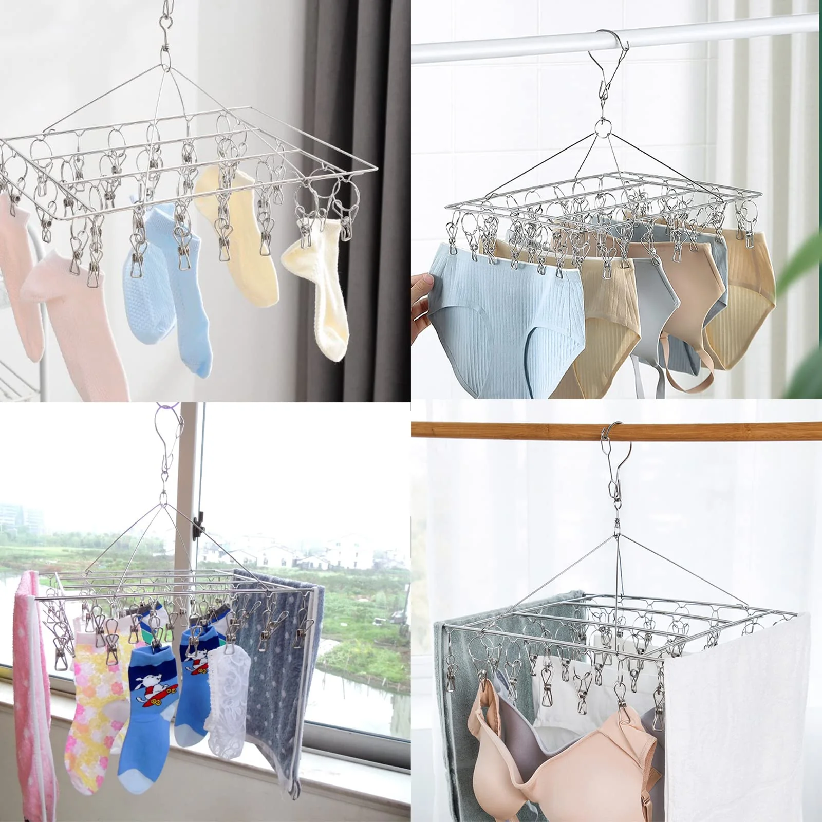 Wnqou Faltbarer Sockentrockner mit 40 Wäscheklammern, Metallsockenbügel mit Clips, Unterwäsche-Aufhänger für Wäscheleinen-Zubehör, Edelstahl-Wäscheständer, Wäscheständer mit Wäscheklammern - Image 6