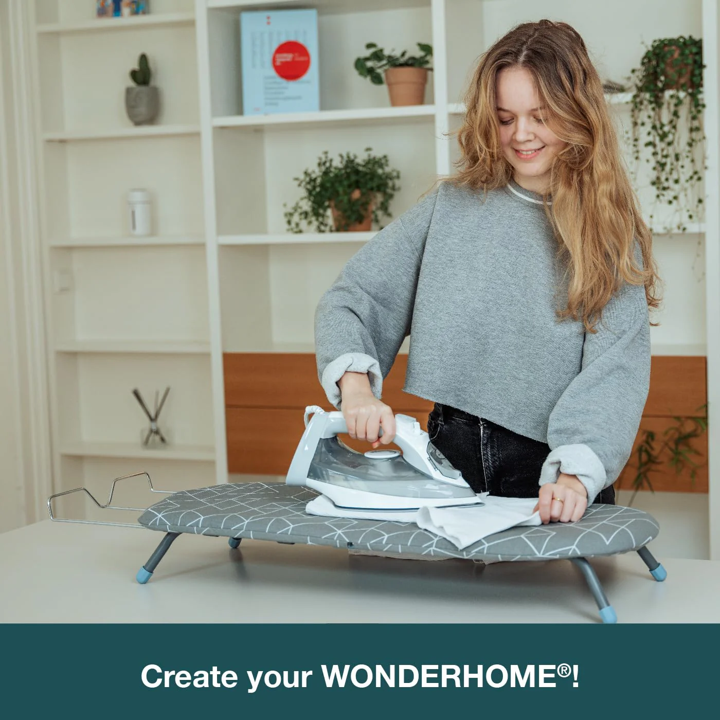 WONDERHOME Patentiertes Tischbügelbrett, klappbare Beine, platzsparend, grau, blau , Faltbares Bügelbrett mit Klappfunktion - Image 12
