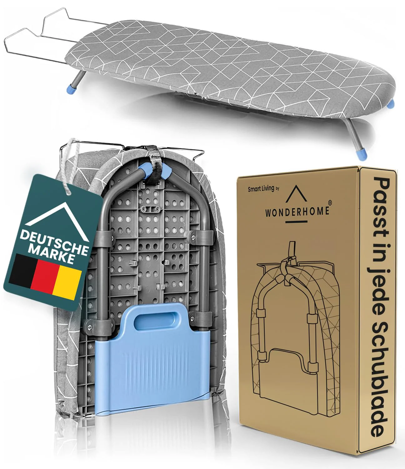 WONDERHOME Patentiertes Tischbügelbrett, klappbare Beine, platzsparend, grau, blau , Faltbares Bügelbrett mit Klappfunktion - Image 16