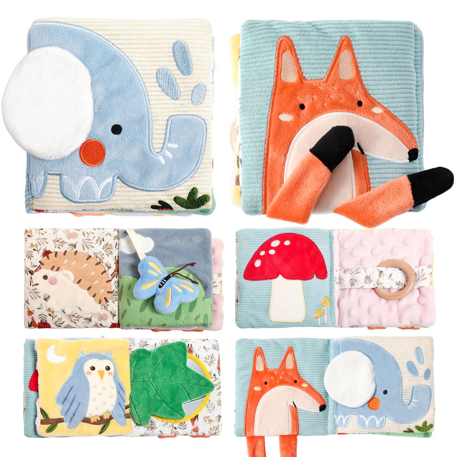 WOODEN TEETHER Babybuch Stoffbuch mit Spiegel, Baby Spielzeug 0-6 Monate Sensorisches Buch - Interaktive Fühlbuch Knisterbuch Babyspielzeug Geschenke für Neugeborene - Elefanten