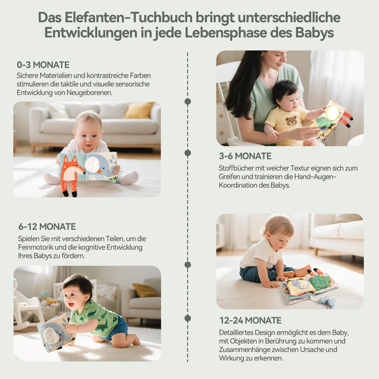 WOODEN TEETHER Babybuch Stoffbuch mit Spiegel, Baby Spielzeug 0-6 Monate Sensorisches Buch - Interaktive Fühlbuch Knisterbuch Babyspielzeug Geschenke für Neugeborene - Elefanten - Image 5