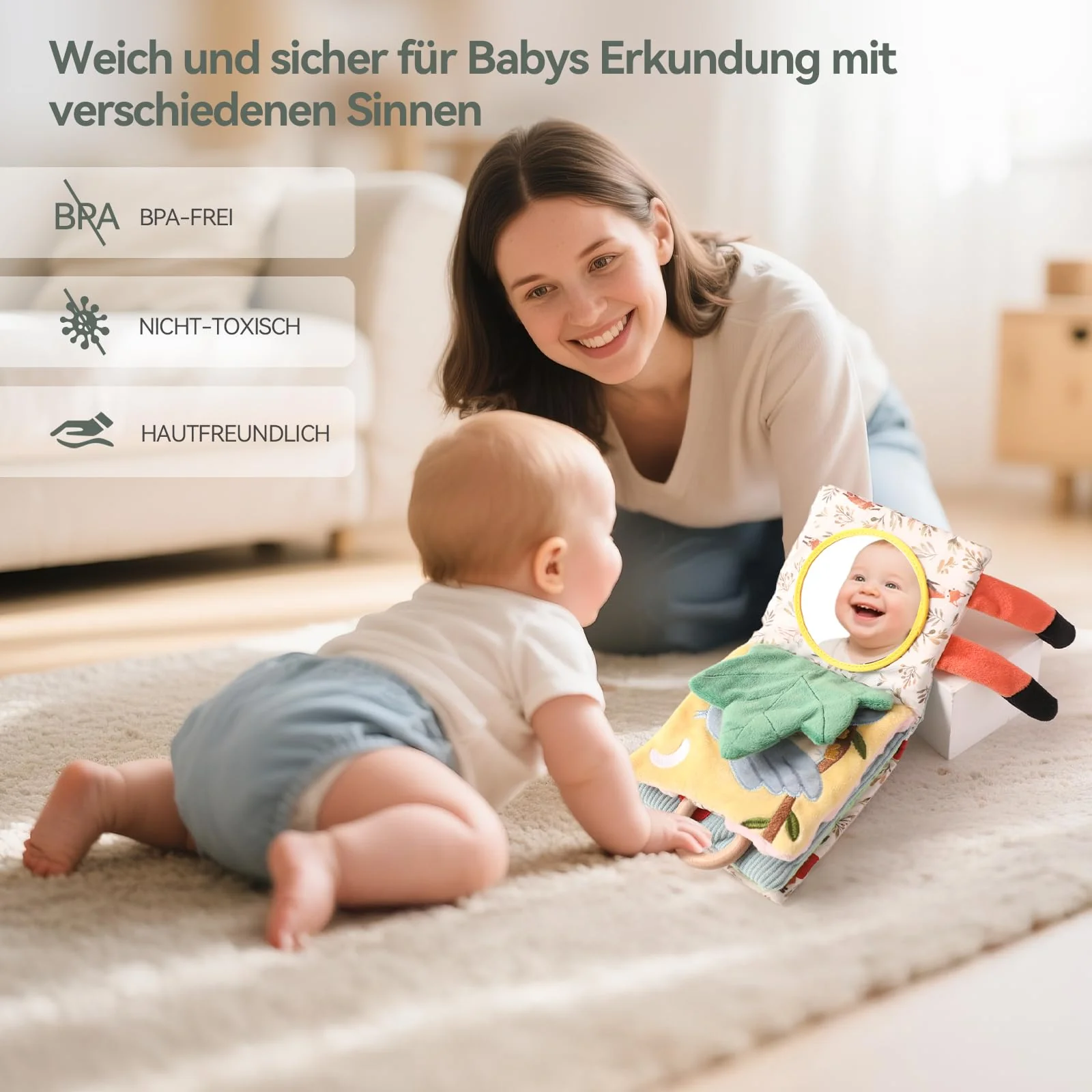 WOODEN TEETHER Babybuch Stoffbuch mit Spiegel, Baby Spielzeug 0-6 Monate Sensorisches Buch - Interaktive Fühlbuch Knisterbuch Babyspielzeug Geschenke für Neugeborene - Elefanten - Image 6