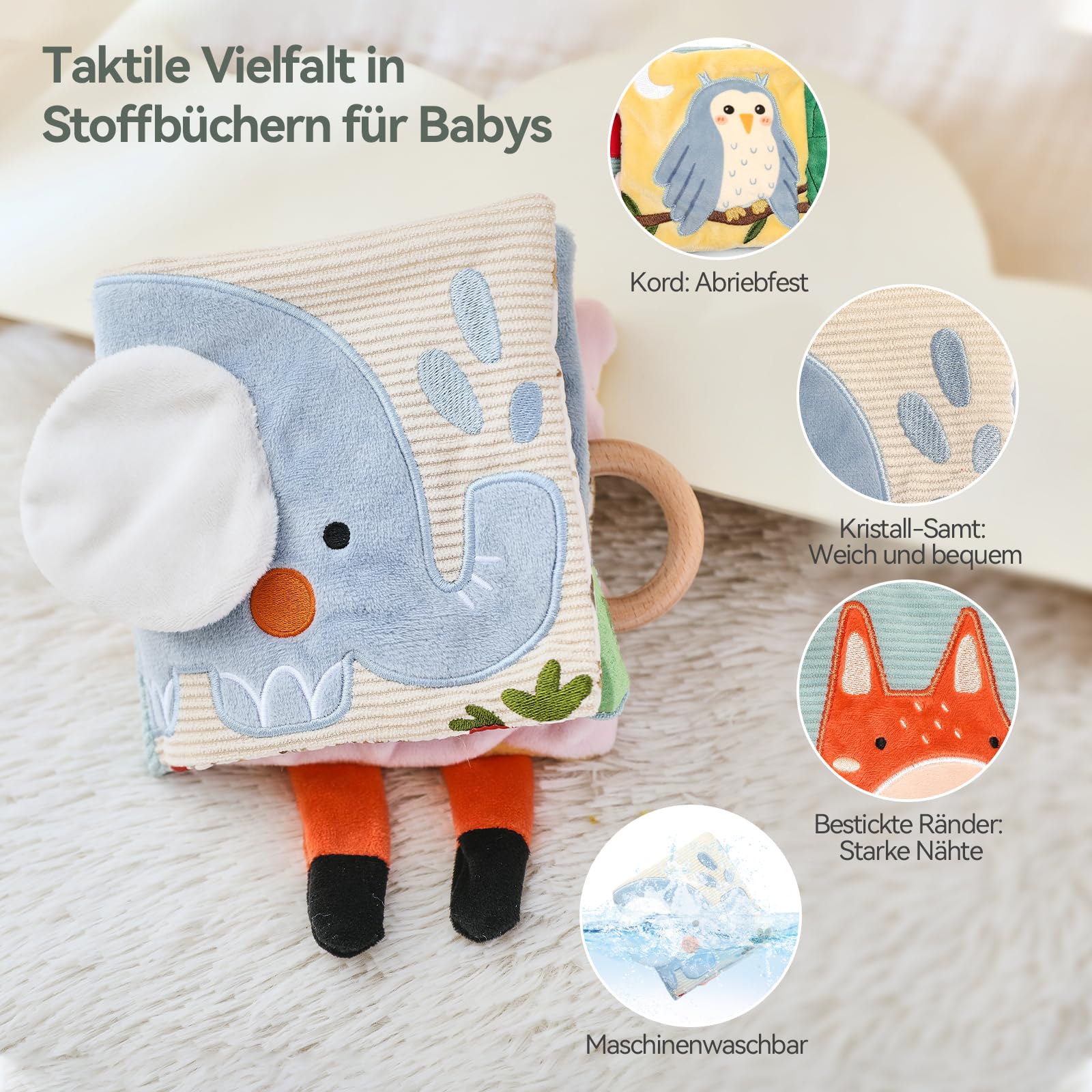 WOODEN TEETHER Babybuch Stoffbuch mit Spiegel, Baby Spielzeug 0-6 Monate Sensorisches Buch - Interaktive Fühlbuch Knisterbuch Babyspielzeug Geschenke für Neugeborene - Elefanten - Image 8