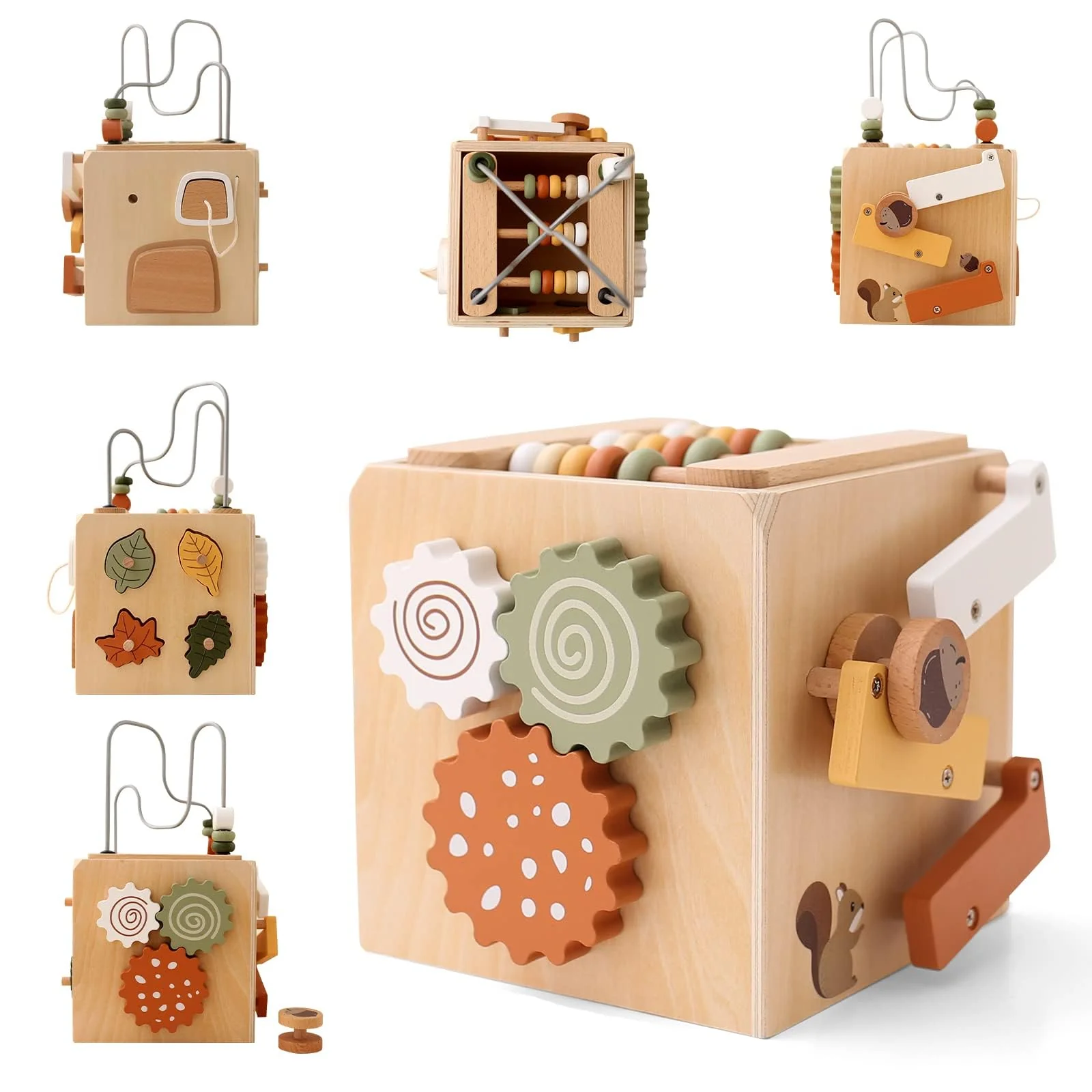 WOODEN TEETHER Montessori Motorikwürfel holzspielzeug Montessori Spielzeug 6 in 1(Naturholzfarbe Aktivitätswürfel)