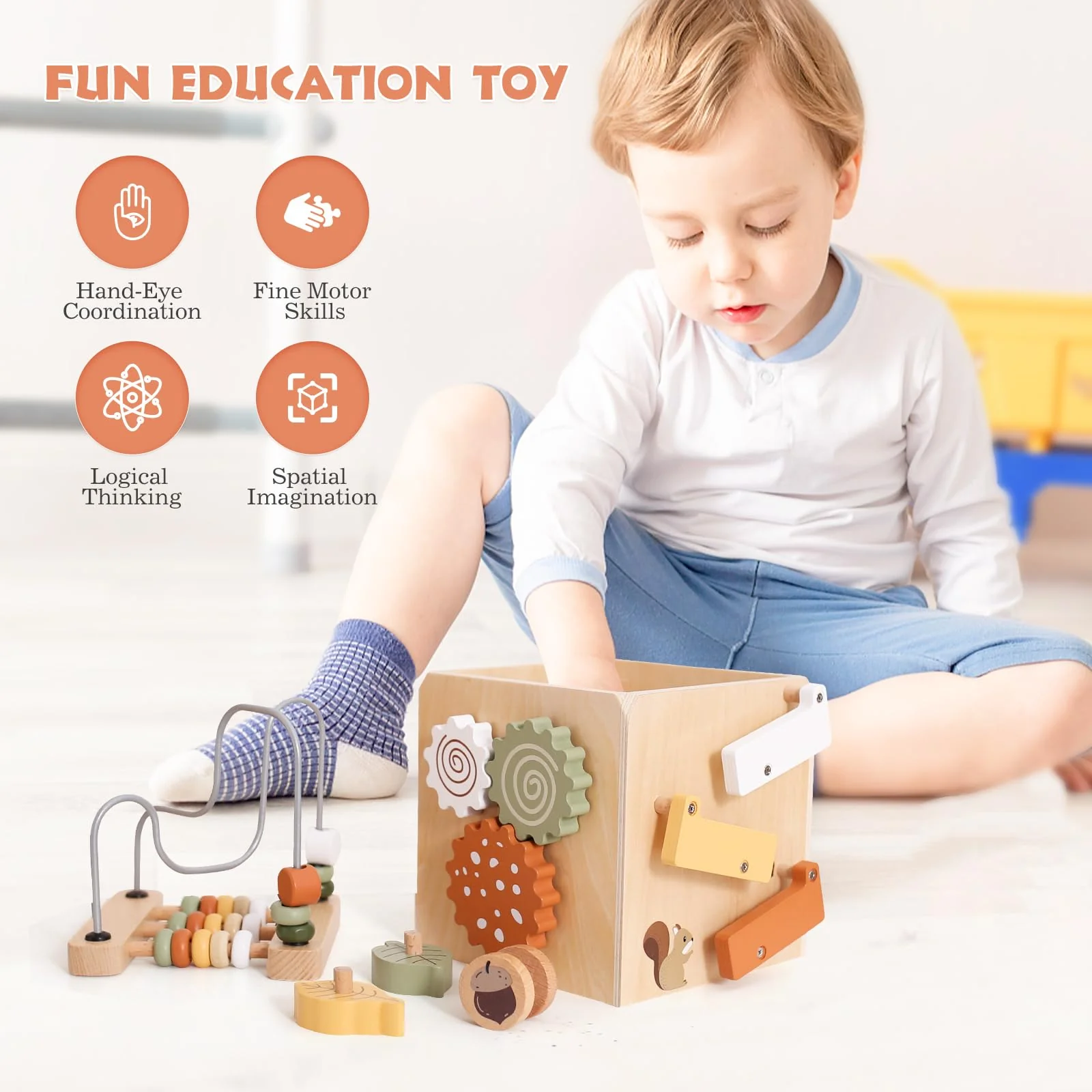 WOODEN TEETHER Montessori Motorikwürfel holzspielzeug Montessori Spielzeug 6 in 1(Naturholzfarbe Aktivitätswürfel) - Image 4
