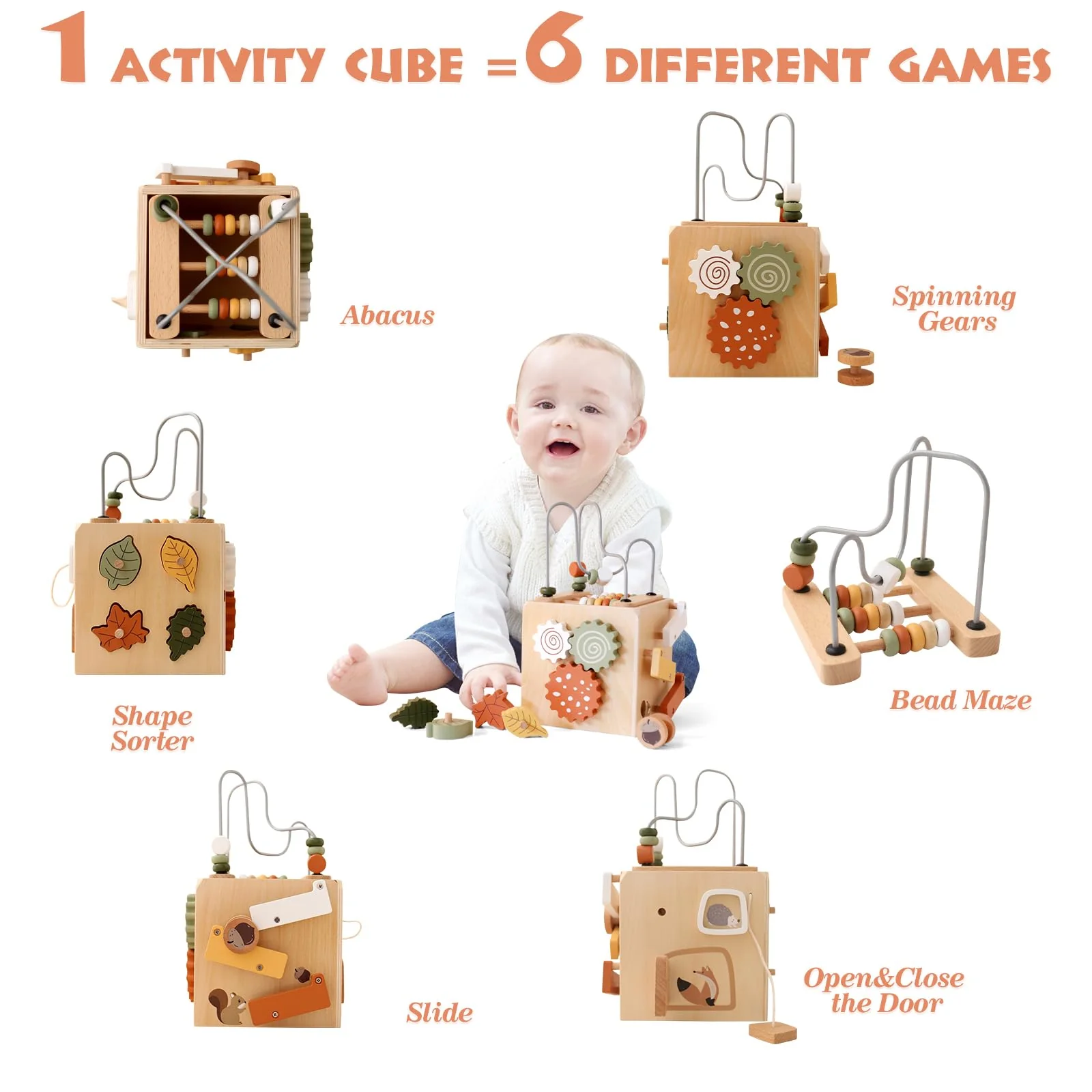 WOODEN TEETHER Montessori Motorikwürfel holzspielzeug Montessori Spielzeug 6 in 1(Naturholzfarbe Aktivitätswürfel) - Image 6