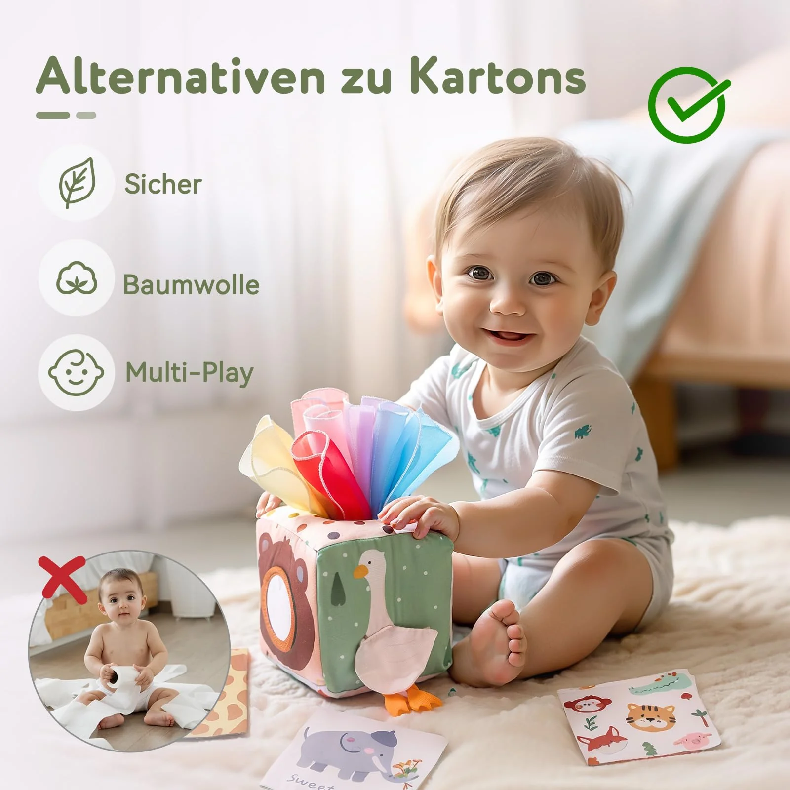 WOODEN TEETHER Tissue Box Montessori Motorikspielzeug, 6-12 Monate Sensorik Baby Spielzeug mit Spiegel, Farben, Texturen, Kinder Frühes Lernspielzeug für Jungen Mädchen Geschenke - Image 4