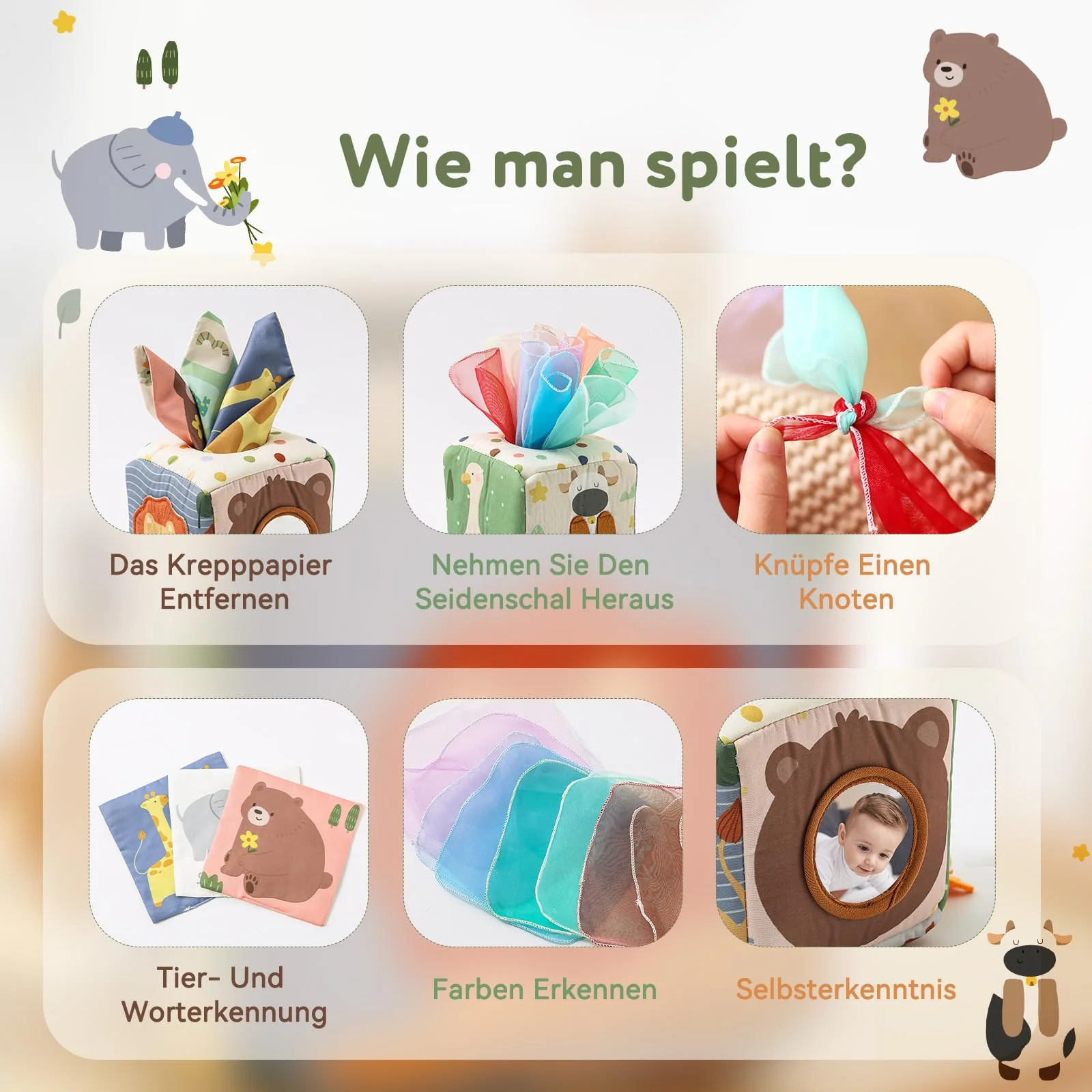 WOODEN TEETHER Tissue Box Montessori Motorikspielzeug, 6-12 Monate Sensorik Baby Spielzeug mit Spiegel, Farben, Texturen, Kinder Frühes Lernspielzeug für Jungen Mädchen Geschenke - Image 5