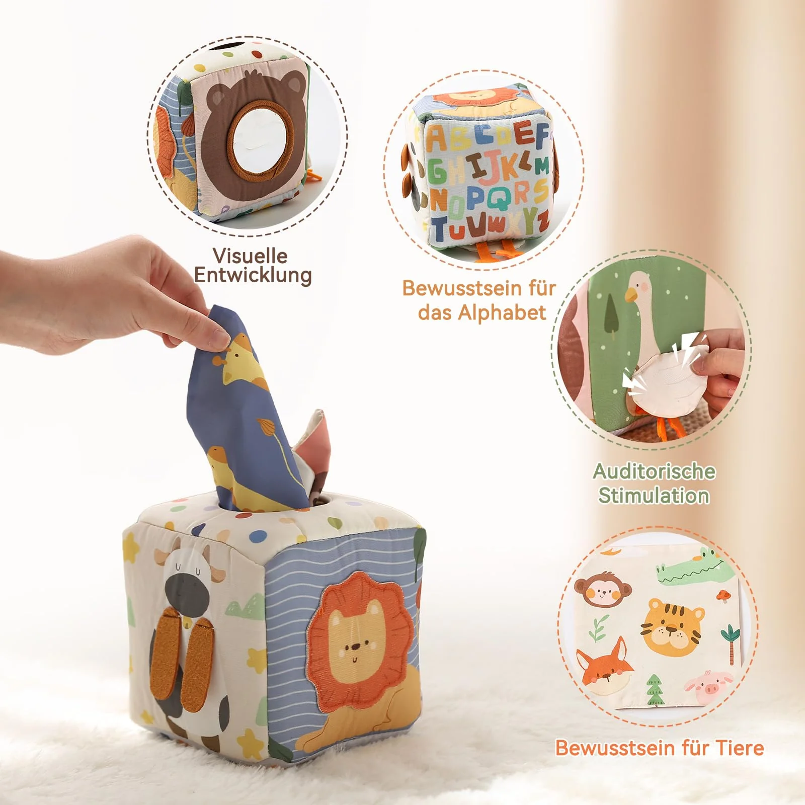 WOODEN TEETHER Tissue Box Montessori Motorikspielzeug, 6-12 Monate Sensorik Baby Spielzeug mit Spiegel, Farben, Texturen, Kinder Frühes Lernspielzeug für Jungen Mädchen Geschenke - Image 6