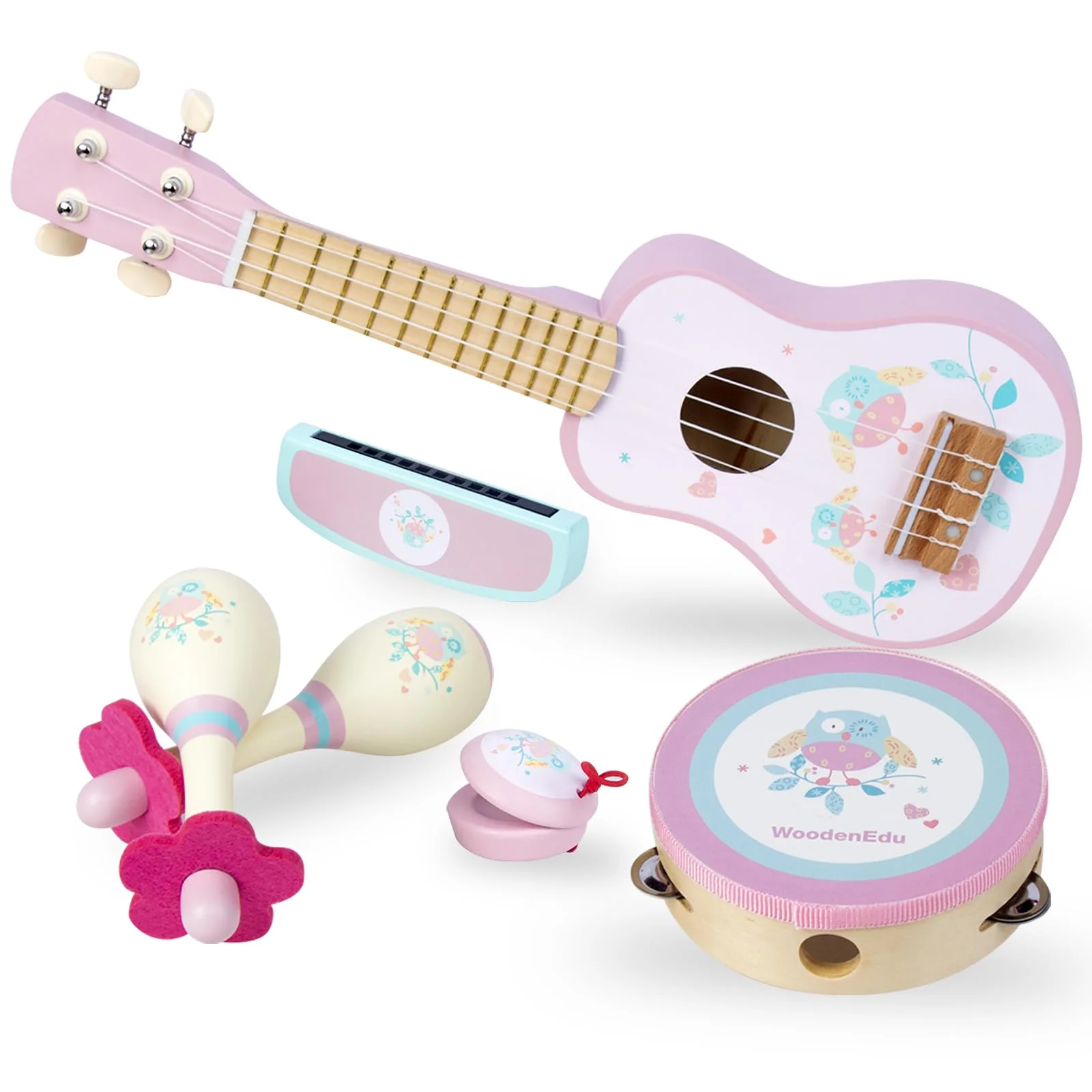 WOODENFUN Kinder Gitarre für Mädchen, Holz Musikinstrumente Spielzeug mit Ukulele, Tamburin, Maracas, Harmonika, Mini Band Sets für Kleinkinder 2 3 Jahre alt Geburtstagsgeschenk(Rosa)