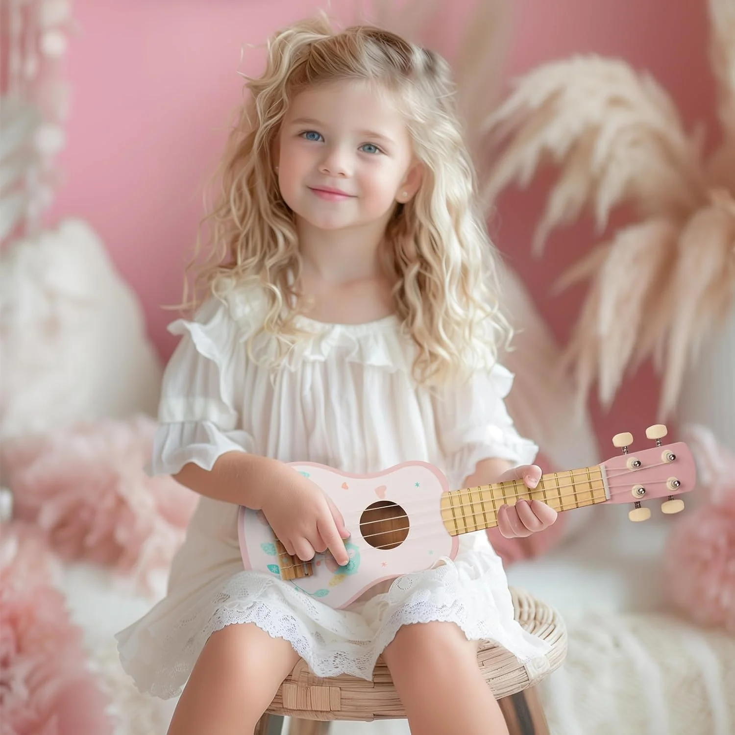 WOODENFUN Kinder Gitarre für Mädchen, Holz Musikinstrumente Spielzeug mit Ukulele, Tamburin, Maracas, Harmonika, Mini Band Sets für Kleinkinder 2 3 Jahre alt Geburtstagsgeschenk(Rosa) - Image 2