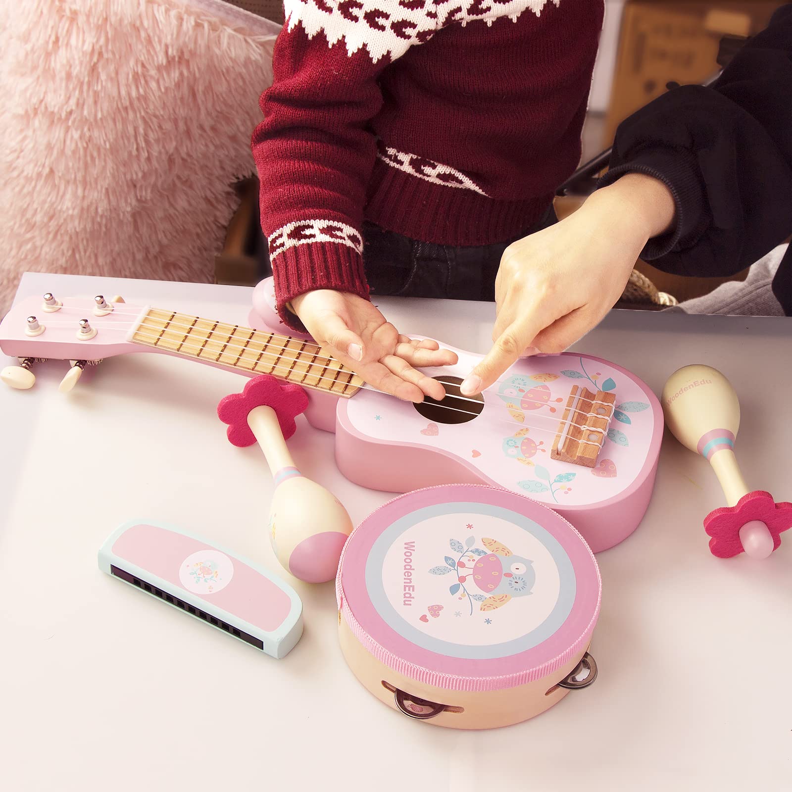 WOODENFUN Kinder Gitarre für Mädchen, Holz Musikinstrumente Spielzeug mit Ukulele, Tamburin, Maracas, Harmonika, Mini Band Sets für Kleinkinder 2 3 Jahre alt Geburtstagsgeschenk(Rosa) - Image 4