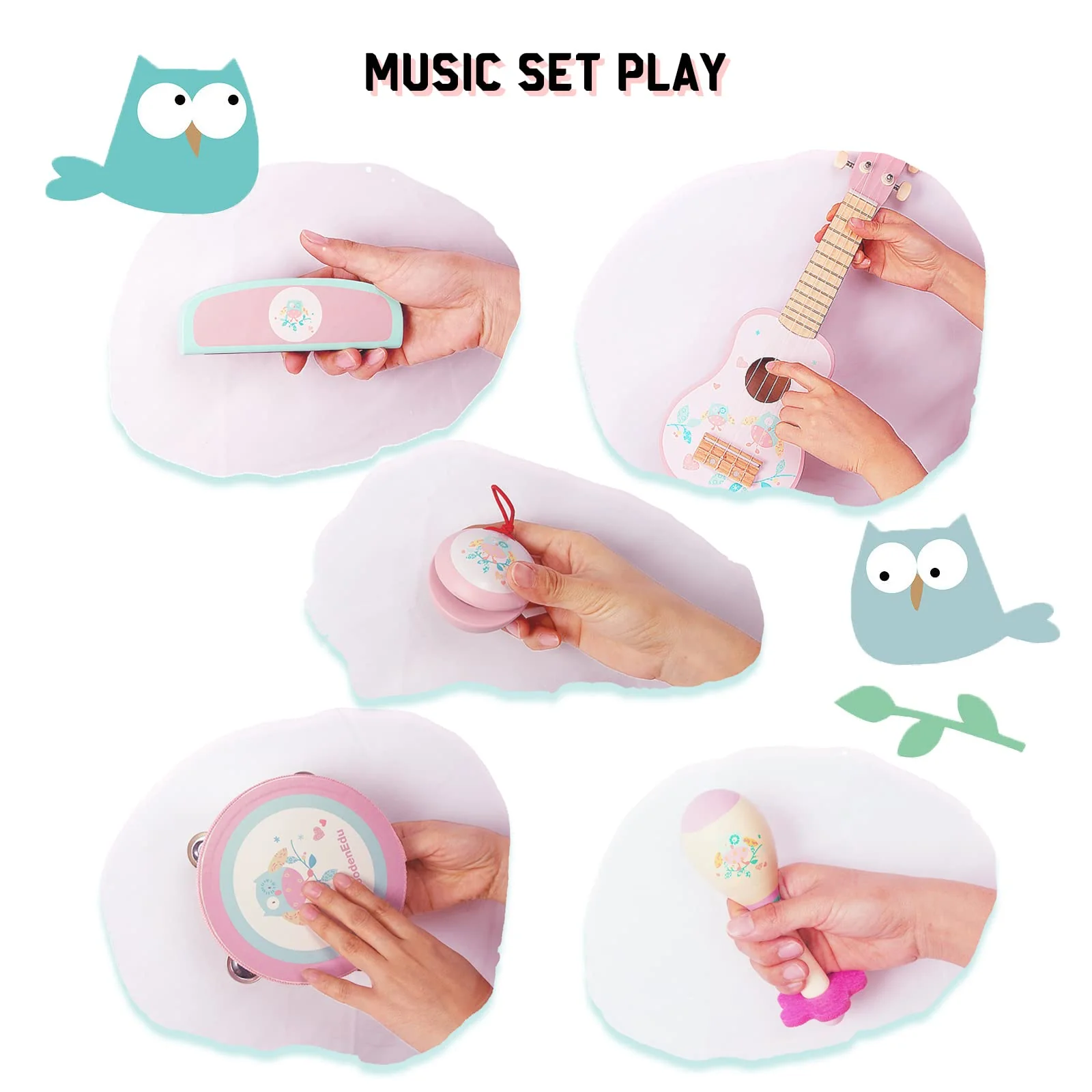 WOODENFUN Kinder Gitarre für Mädchen, Holz Musikinstrumente Spielzeug mit Ukulele, Tamburin, Maracas, Harmonika, Mini Band Sets für Kleinkinder 2 3 Jahre alt Geburtstagsgeschenk(Rosa) - Image 5