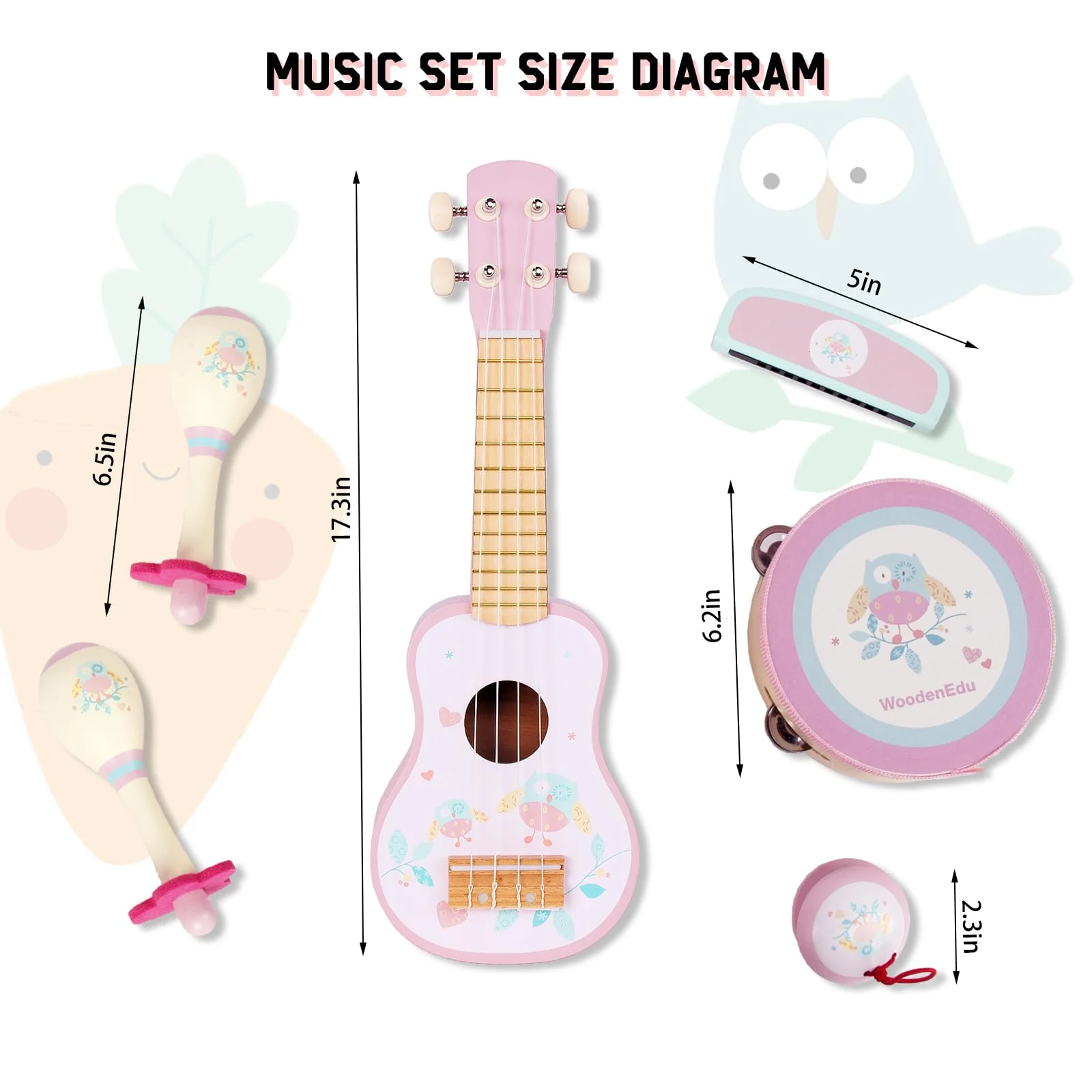 WOODENFUN Kinder Gitarre für Mädchen, Holz Musikinstrumente Spielzeug mit Ukulele, Tamburin, Maracas, Harmonika, Mini Band Sets für Kleinkinder 2 3 Jahre alt Geburtstagsgeschenk(Rosa) - Image 6