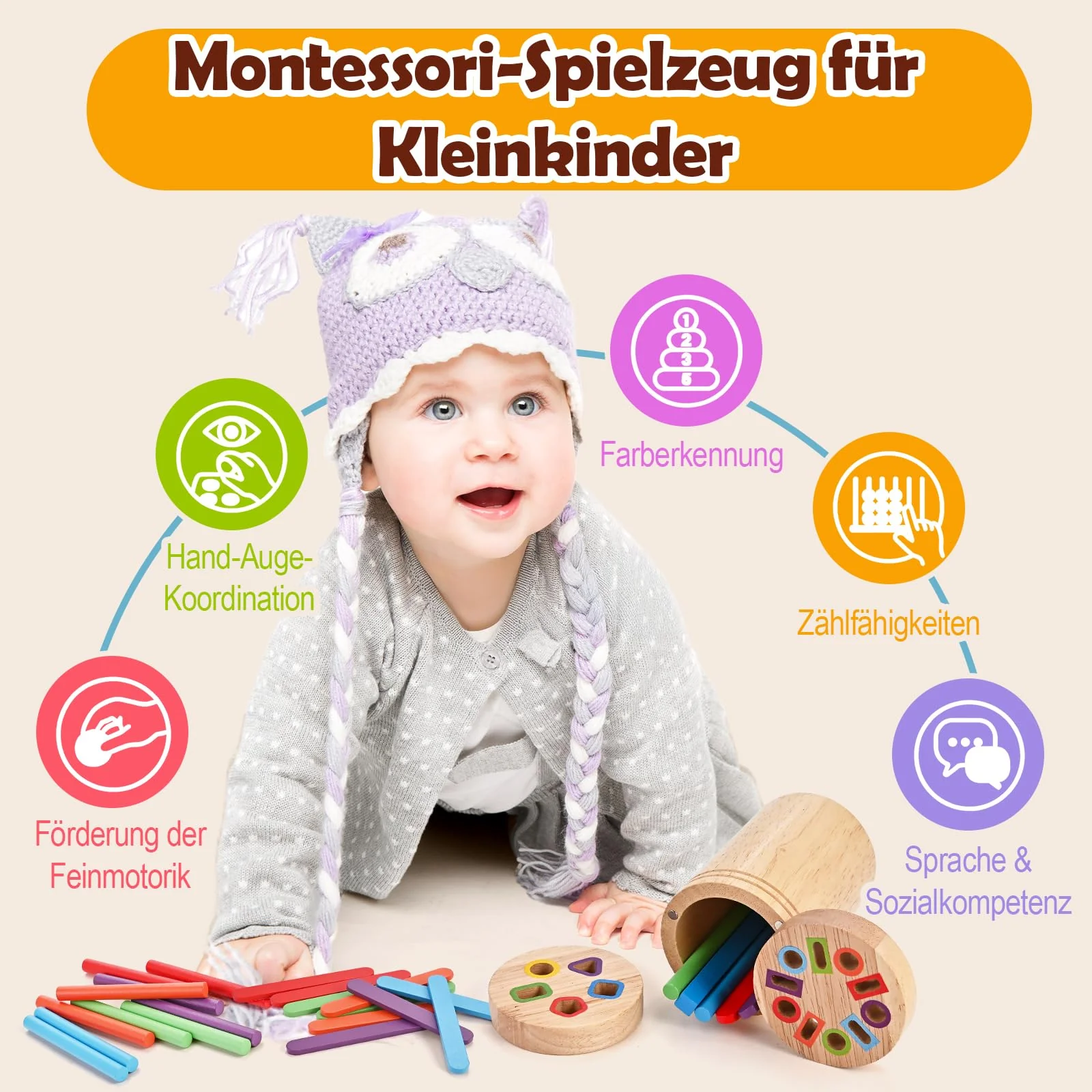 Wooderma Montessori Spielzeug ab 1 2 3 Jahr, Farbe Sortierspiel, Holzspielzeug Kinder, Kinderspielzeug zum Farben Lernen,Lernspielzeug & Motorikspielzeug, Steckspiel ab 1 Jahr, Geschenk Mädchen Jungen - Image 3