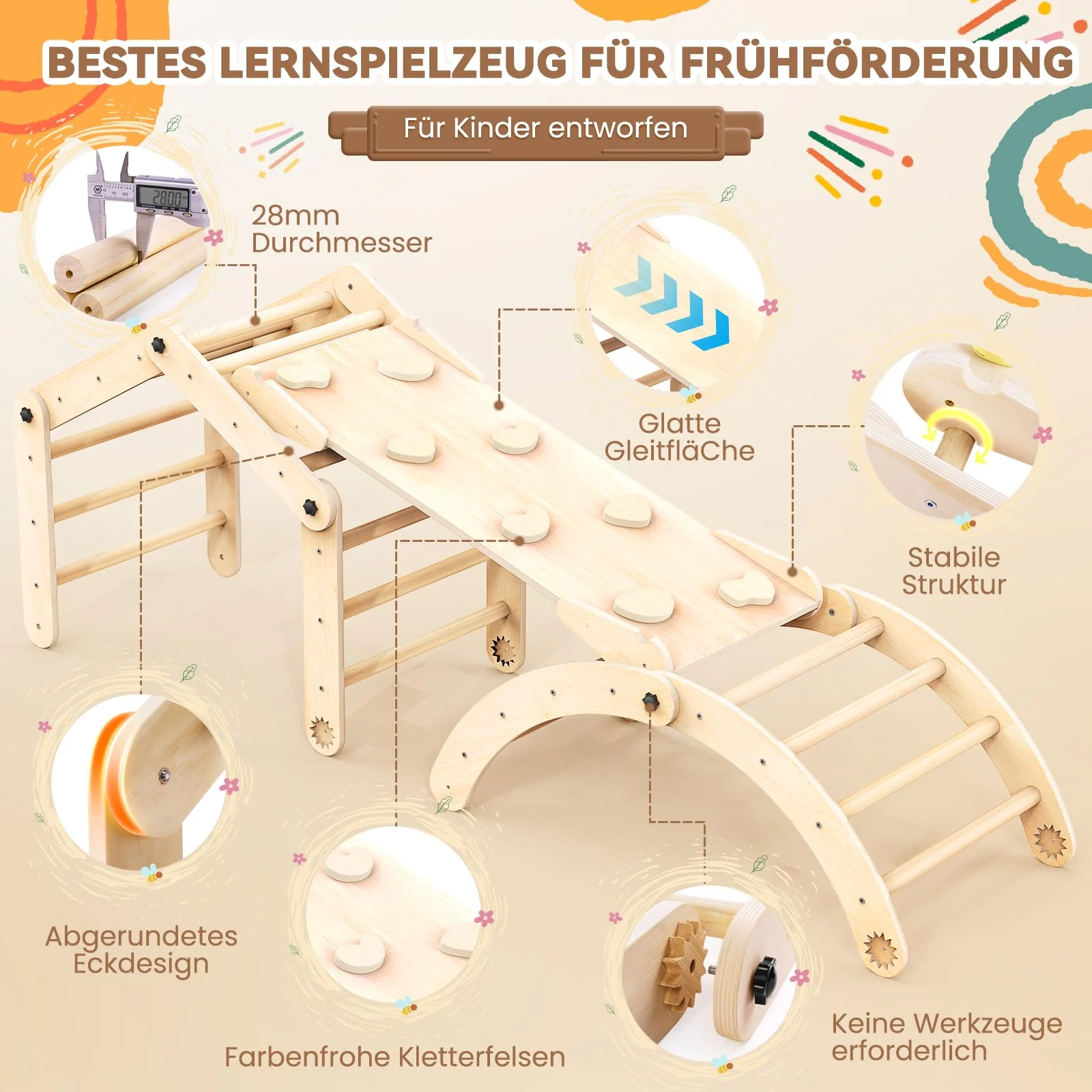 Woodure 7-in-1 Montessori Klettergerüst Indoor Set, Verformbares Kletterdreieck mit Rutsche & Kletterbogen, Hölzernes Pikler Dreieck zum Baby Klettern, Klettergerüst Montessori Spielzeug ab 1-6 Jahre - Image 4