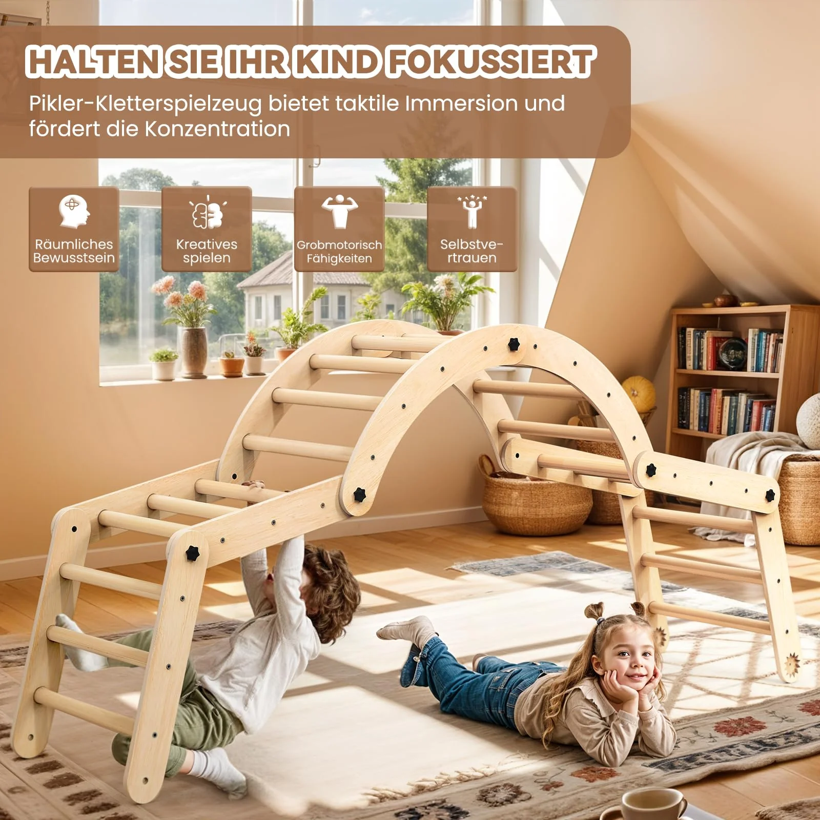 Woodure 7-in-1 Montessori Klettergerüst Indoor Set, Verformbares Kletterdreieck mit Rutsche & Kletterbogen, Hölzernes Pikler Dreieck zum Baby Klettern, Klettergerüst Montessori Spielzeug ab 1-6 Jahre - Image 5