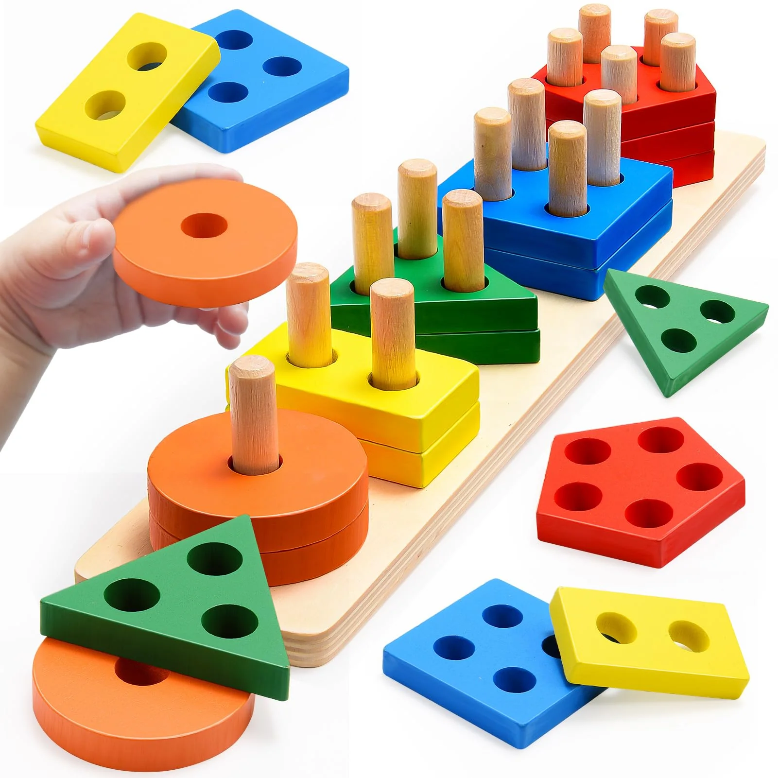 Wootoyz Holz Montessori Spielzeug ab 1 2 3 Jahr, kinderspielzeug ab 1-3 Jahr Holzspielzeug Motorikspielzeug 1-3 Jahr Babyspielzeug 1 2 3 Jahr Sortierspiel Lernspielzeug Steckpuzzle