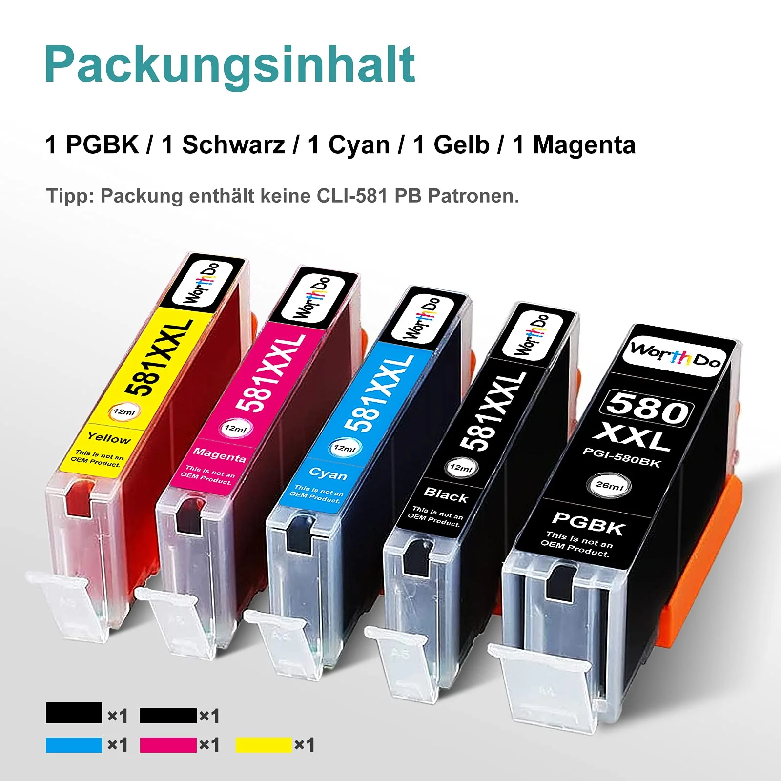 WORTHDO Kompatibel Tintenpatrone für Canon PGI-580 CLI-581 XXL Druckerpatronen für Canon Pixma TR8550 TS705 TS6150 TS6151 TS6250 TS6251 TS6350 TS6351 TR7500 TR7550 TR8500 TS9550 TS9551C (5er-Pack) - Image 8