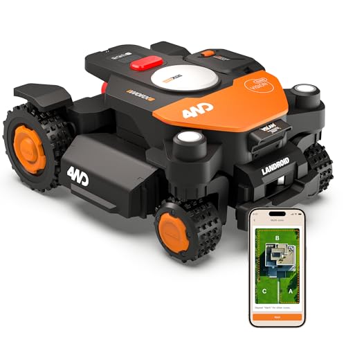 WORX Landroid Vision Cloud WR340E 4WD Mähroboter ohne Begrenzungskabel für 600 m² (KI-Hinderniserkennung, VSLAM+ RTK Cloud Navigation, 84% Steigung, Auto-Mapping, App-Steuerung)