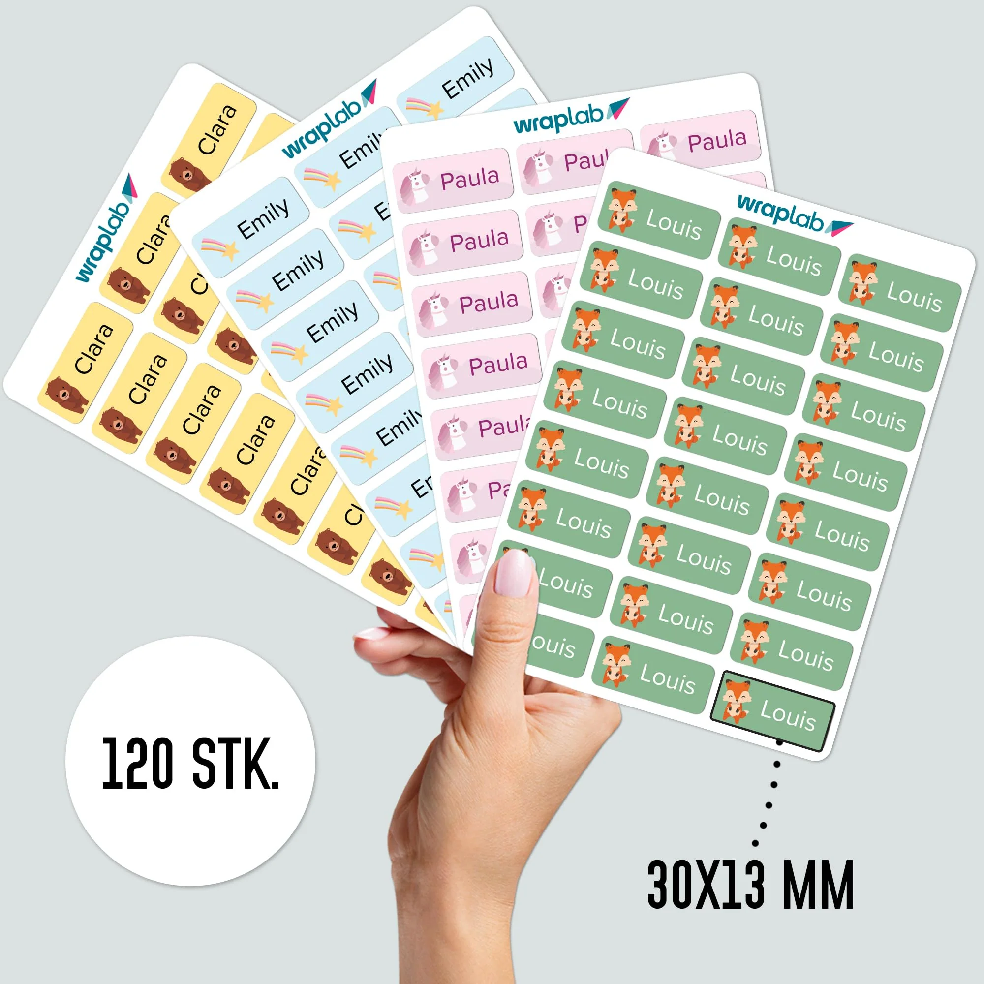 Wraplab Namensaufkleber für Kinder (120 Stück) - Gegenstände & Schule/Kita - Namensschilder für Schulsachen, personalisiert und spülmaschinenfest (Einhorn) - Image 5