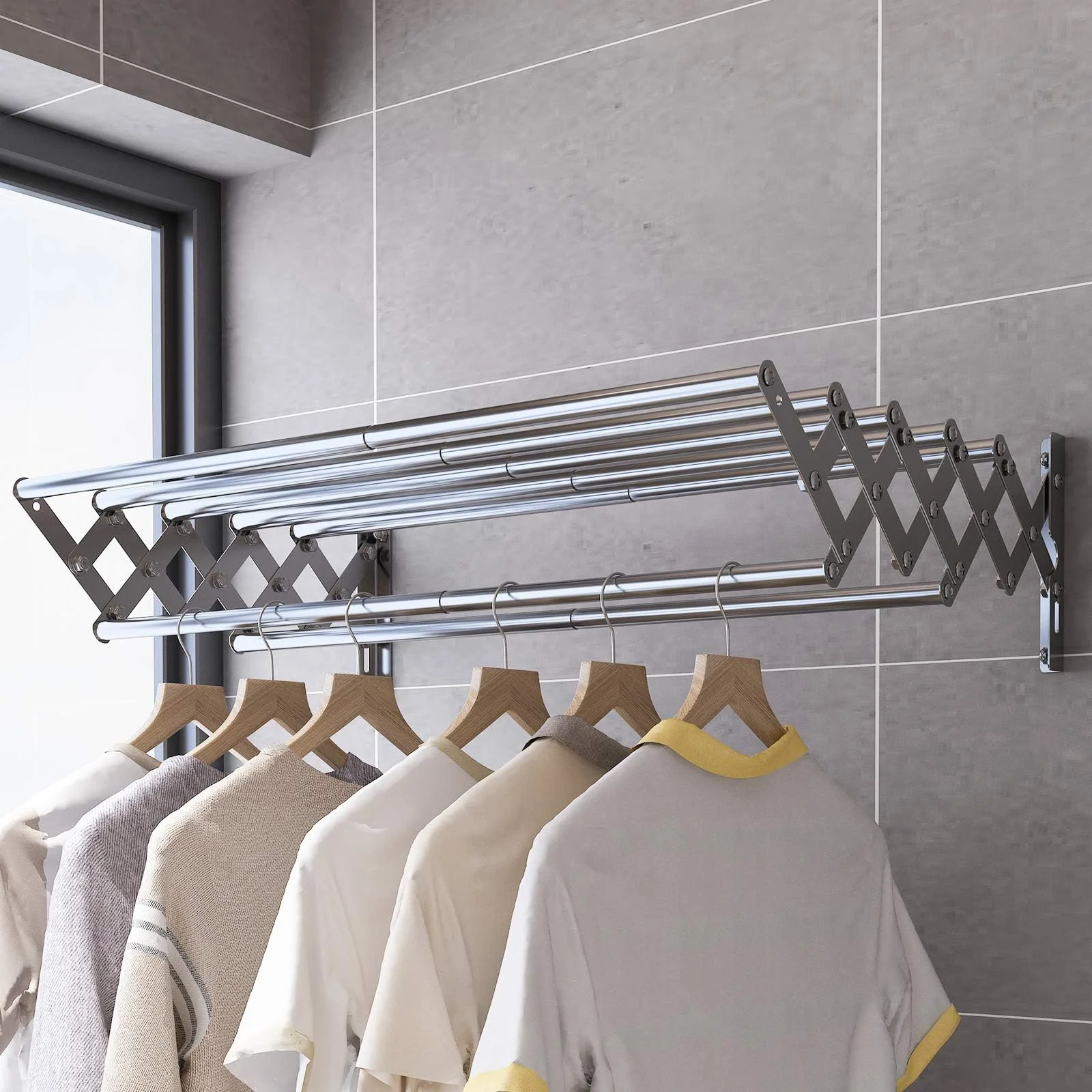 Wuciray Wäscheständer Wand Ausziehbar Klappbar Wandtrockner 80cm Edelstahl Balkon Ständer Wandwäschetrockner Wandmontage Platzsparender Handtuchhalter Clothes Drying Rack für Waschraum - Image 2
