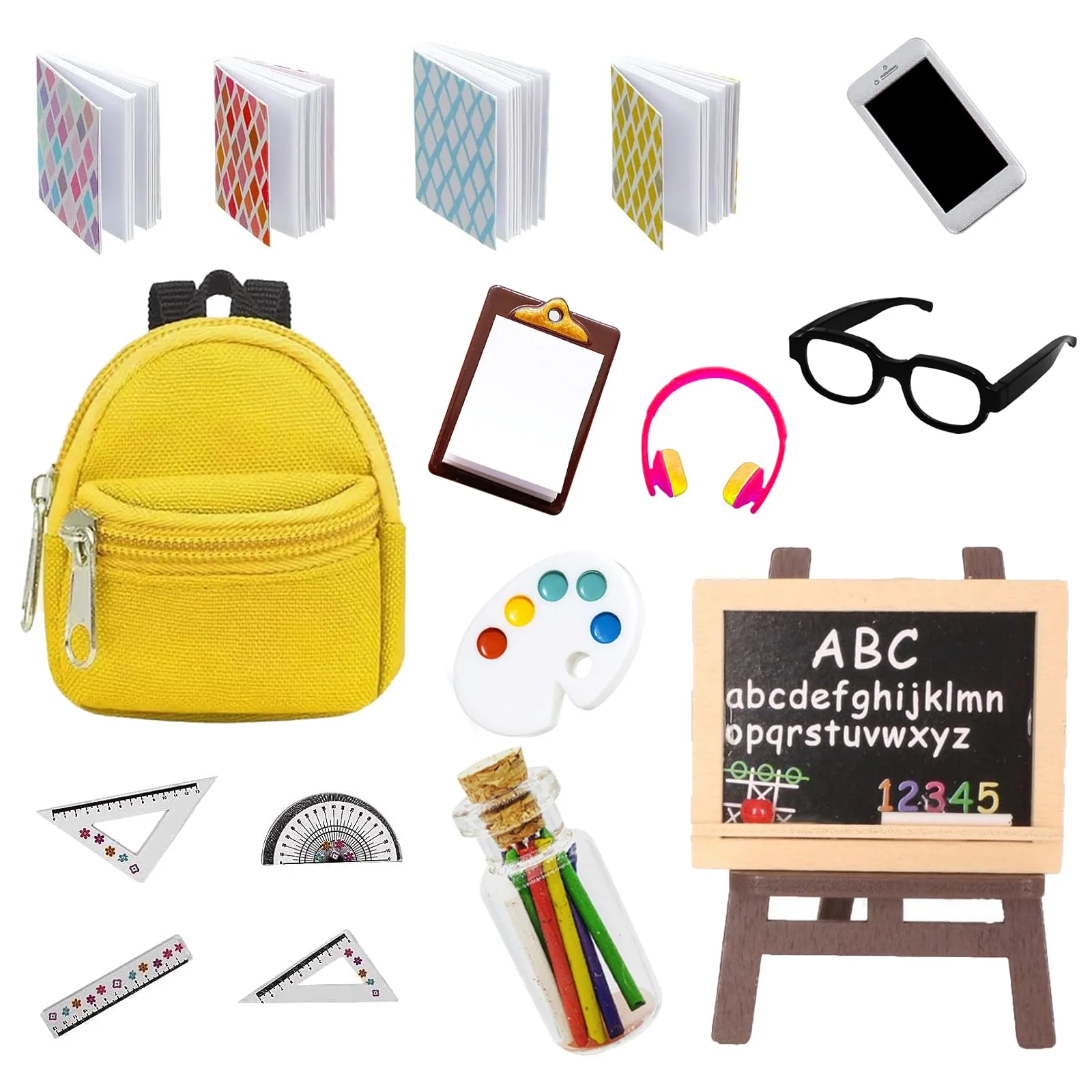 Xerteam 26Pcs Wichtel Zubehör,1:12 Puppenhaus Zubehör, Miniatur Zubehör, Mini-Tafelset, Maltafel, Schreibtafel, Modell-Handy, Schulranzen, Stift, Lineal, Buch, Brille, Kopfhörer, Kinder Geschenke