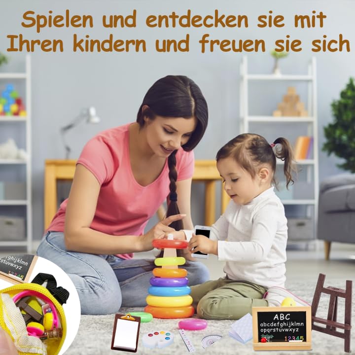 Xerteam 26Pcs Wichtel Zubehör,1:12 Puppenhaus Zubehör, Miniatur Zubehör, Mini-Tafelset, Maltafel, Schreibtafel, Modell-Handy, Schulranzen, Stift, Lineal, Buch, Brille, Kopfhörer, Kinder Geschenke - Image 2