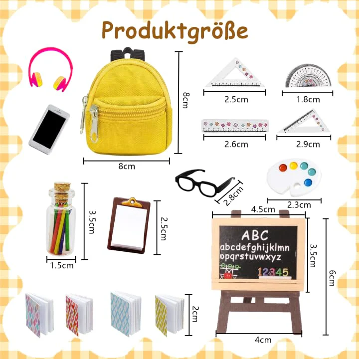 Xerteam 26Pcs Wichtel Zubehör,1:12 Puppenhaus Zubehör, Miniatur Zubehör, Mini-Tafelset, Maltafel, Schreibtafel, Modell-Handy, Schulranzen, Stift, Lineal, Buch, Brille, Kopfhörer, Kinder Geschenke - Image 6