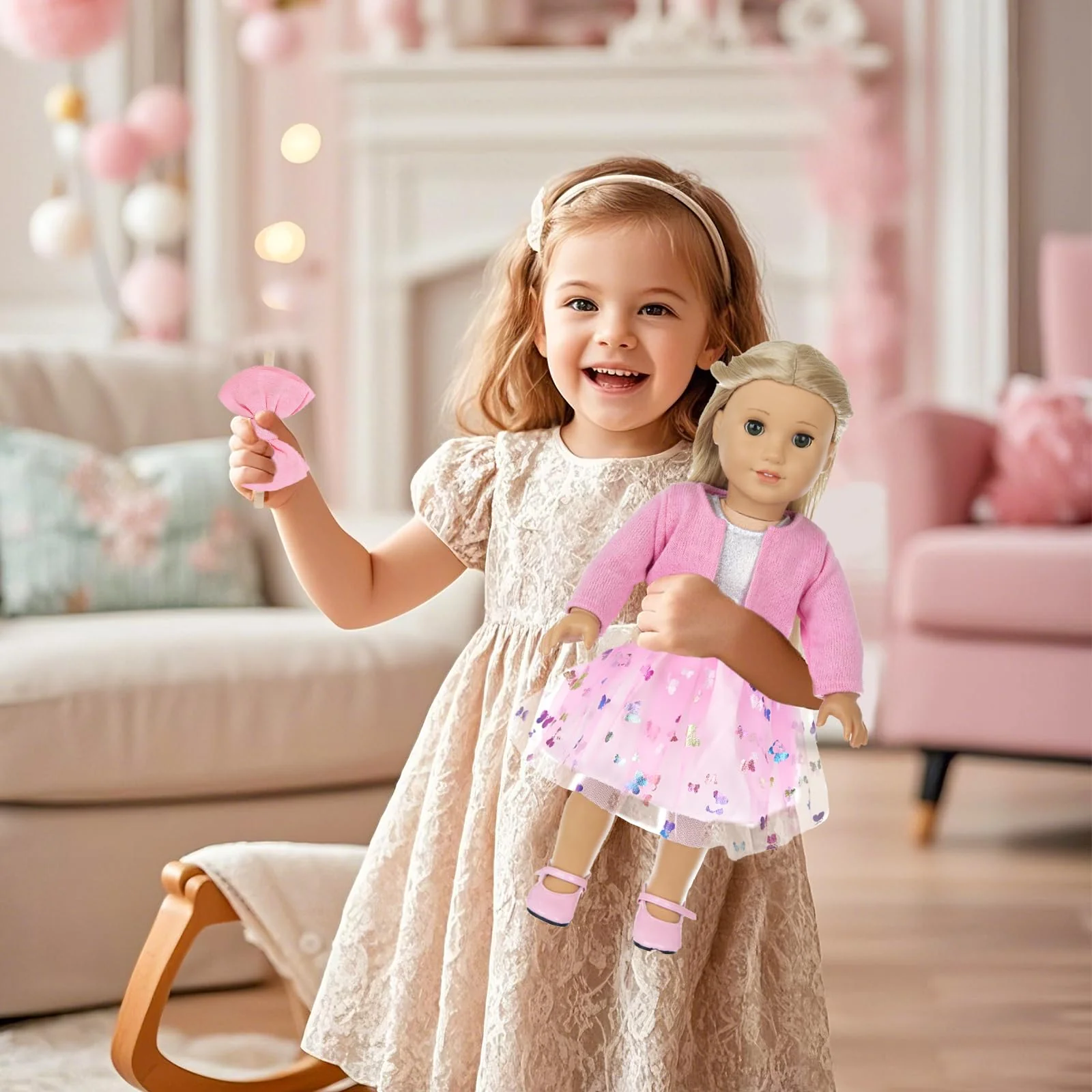 Xerteam Rosa Puppenkleider, Puppenkleidung 43cm 36cm 38cm, Puppenkleid mit Tüll und Schmetterling Strickjacke Socke mit Schleife Stirnband, Süße Puppenkleidung für Mädchengeburtstag - Image 3