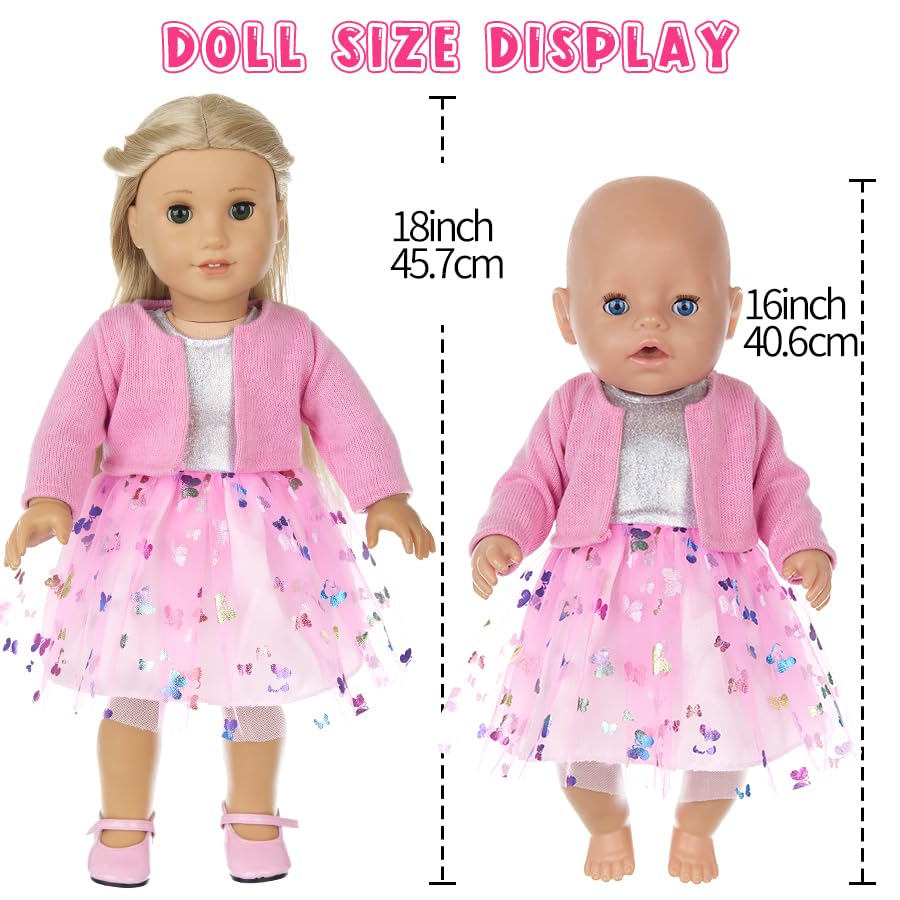 Xerteam Rosa Puppenkleider, Puppenkleidung 43cm 36cm 38cm, Puppenkleid mit Tüll und Schmetterling Strickjacke Socke mit Schleife Stirnband, Süße Puppenkleidung für Mädchengeburtstag - Image 4