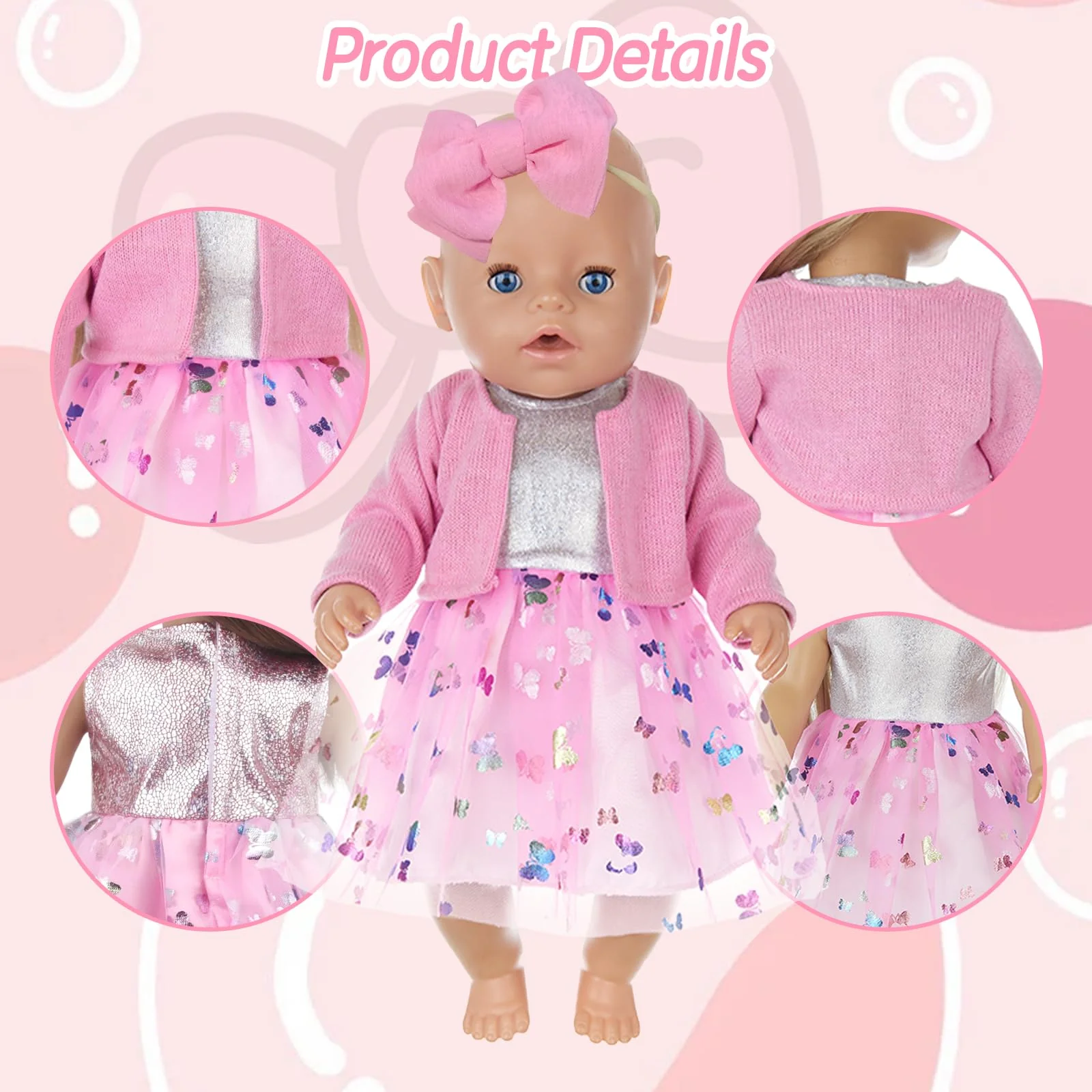 Xerteam Rosa Puppenkleider, Puppenkleidung 43cm 36cm 38cm, Puppenkleid mit Tüll und Schmetterling Strickjacke Socke mit Schleife Stirnband, Süße Puppenkleidung für Mädchengeburtstag - Image 7